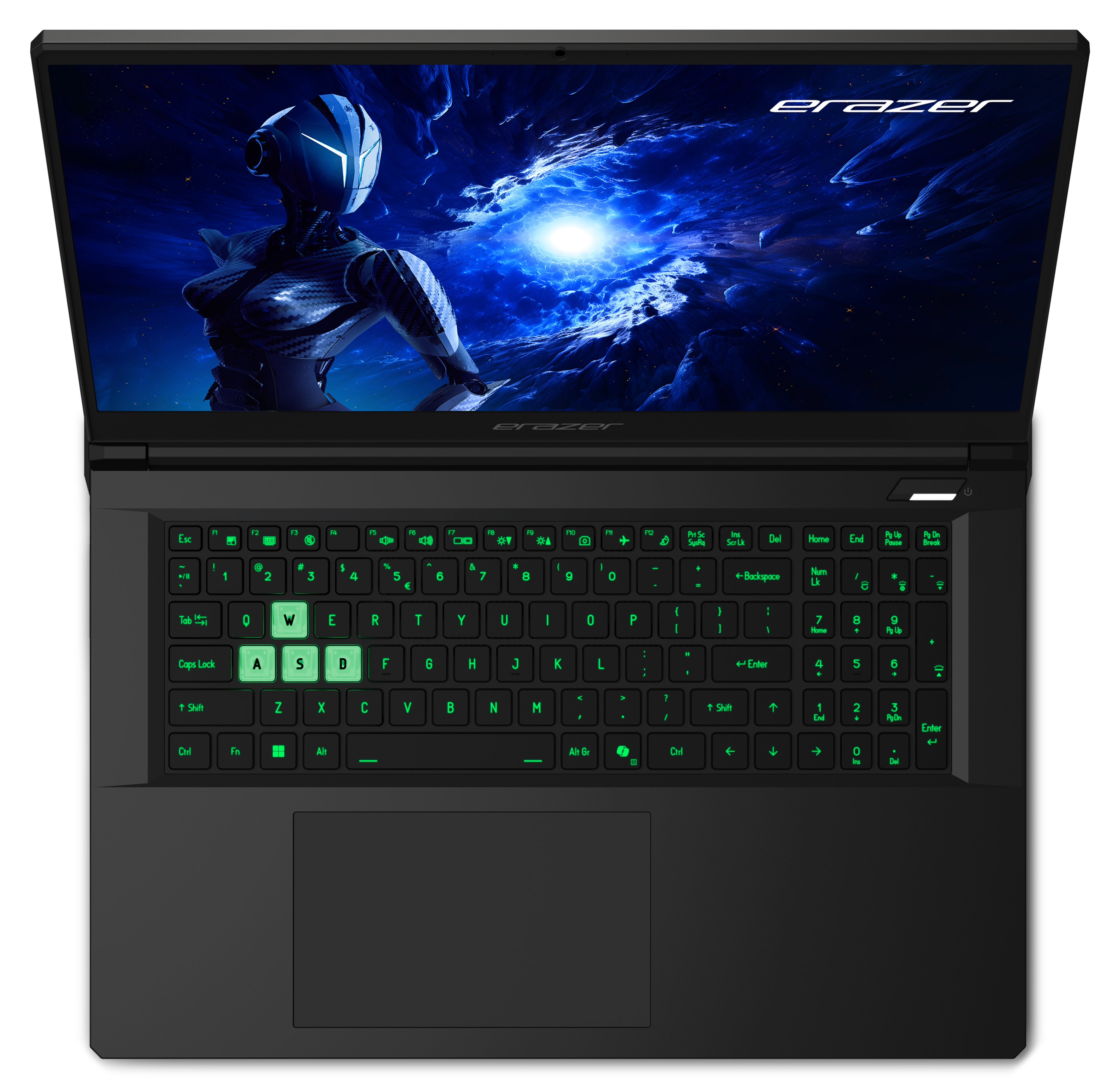 Ordinateur portable noir avec écran ouvert montrant une image futuriste. Clavier visible avec rétroéclairage vert.