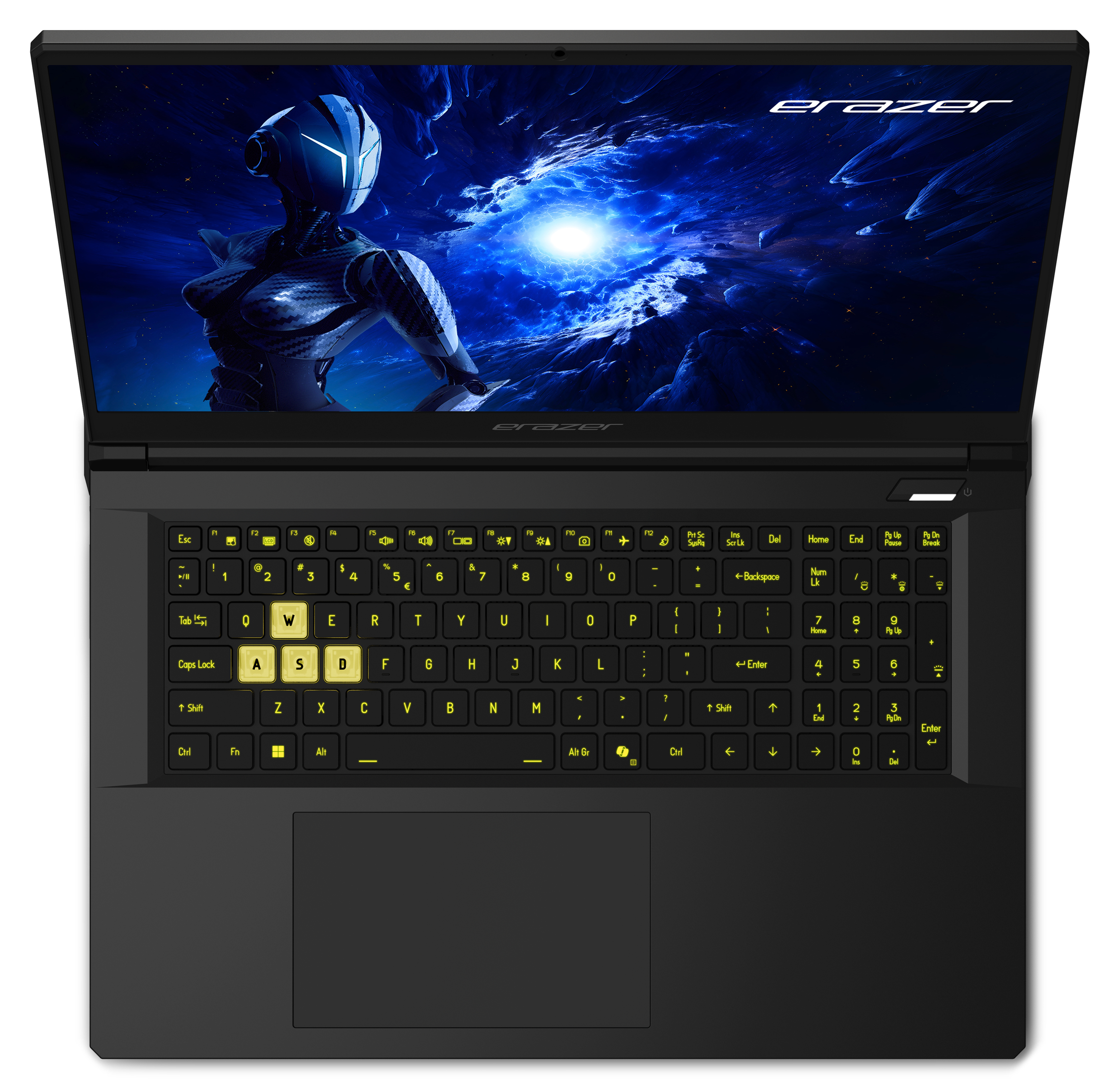 Ordinateur portable noir avec écran ouvert. Il affiche une figure futuriste sur fond bleu. Clavier visible.