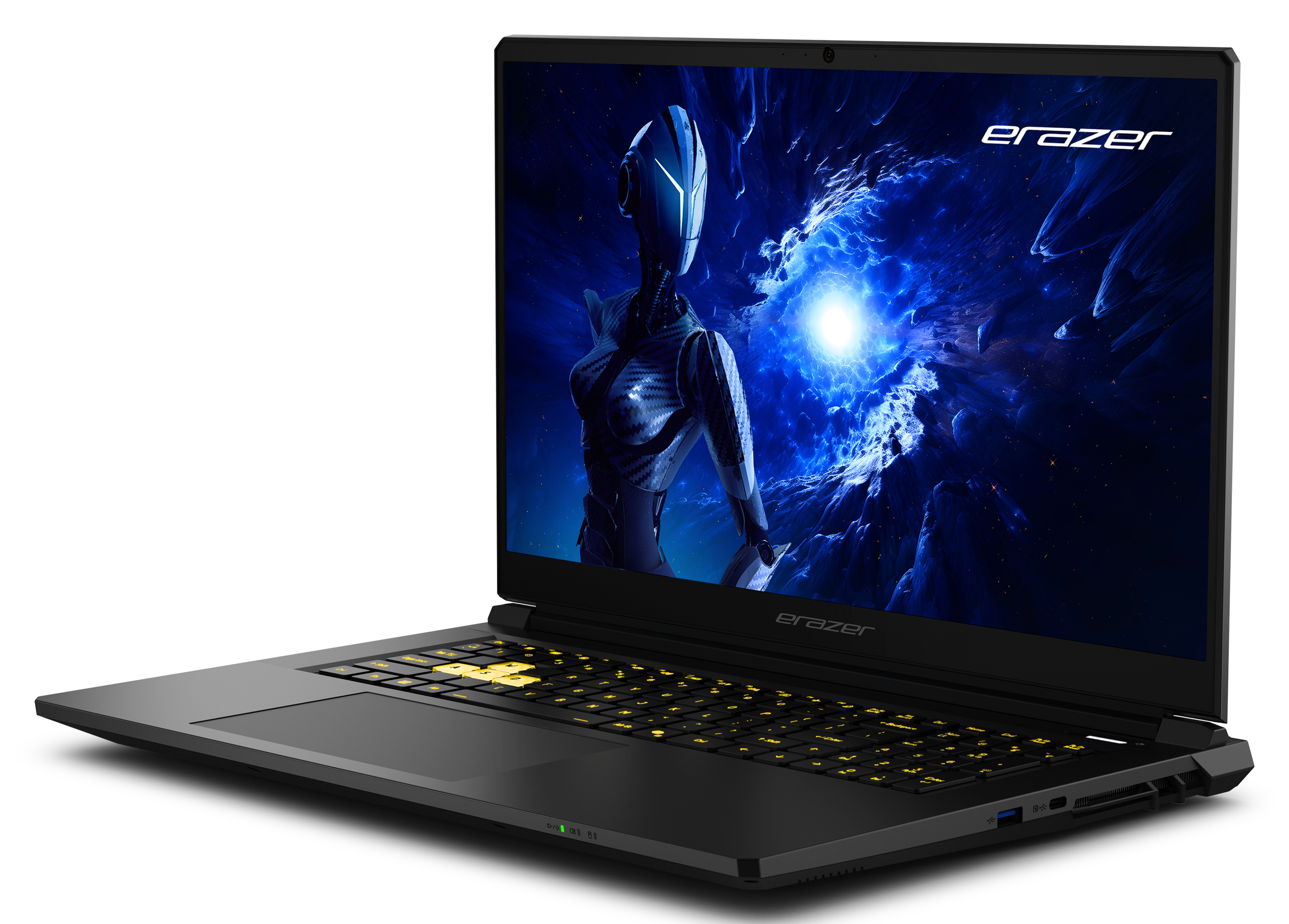Ordinateur portable noir avec écran affichant une figure futuriste. Le clavier a des touches rétroéclairées jaunes. La marque est Erazer.