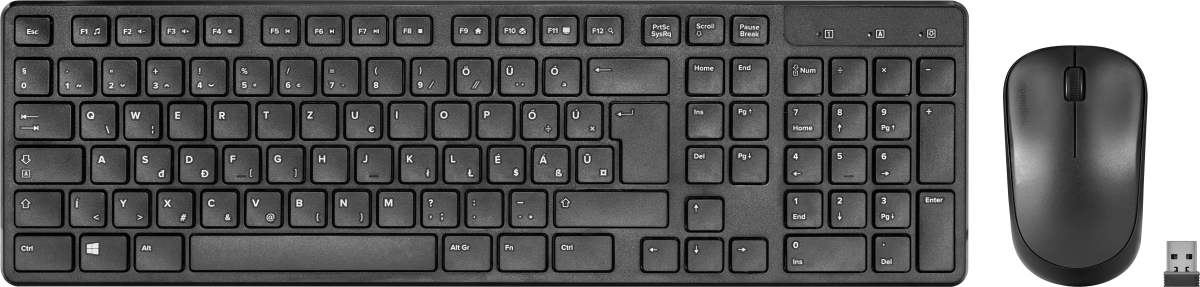 Fekete billentyűzet és egér készlet. A billentyűzeten betűk és számok vannak. Az egér vezeték nélküli USB vevővel.