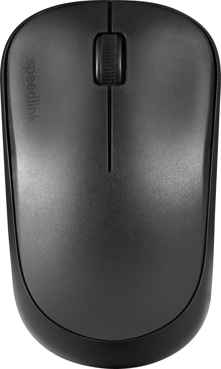 Egy fekete számítógépes egér. Van egy görgője és a speedlink márkanév. Az egér sima és modern.