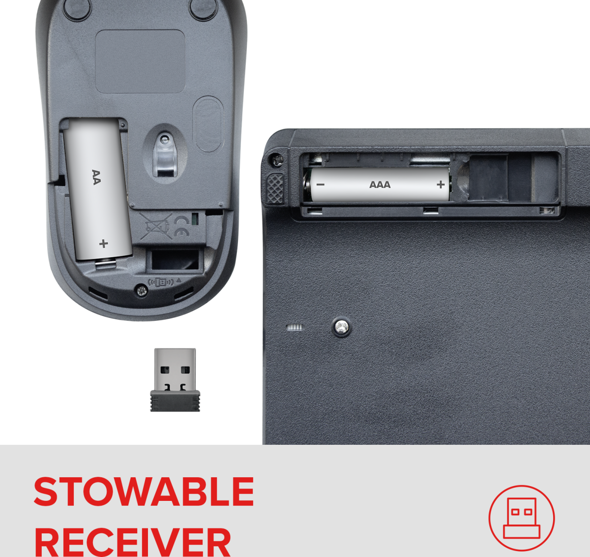 A képen az egér alja, a billentyűzet elemtartója és az USB vevő látható. Az elemek be vannak helyezve. Az alján a szöveg: 'STOWABLE RECEIVER'.