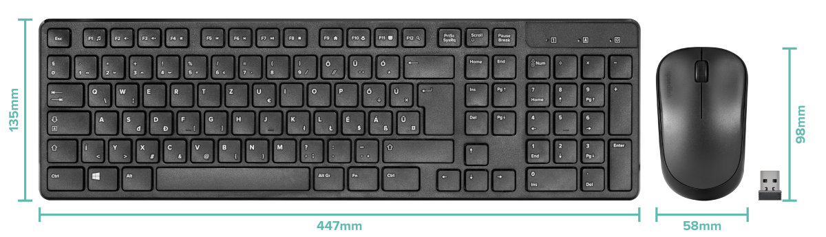 Fekete billentyűzet és egér készlet. A billentyűzeten billentyűk és méretek láthatók. Egér és USB vevő is látható.