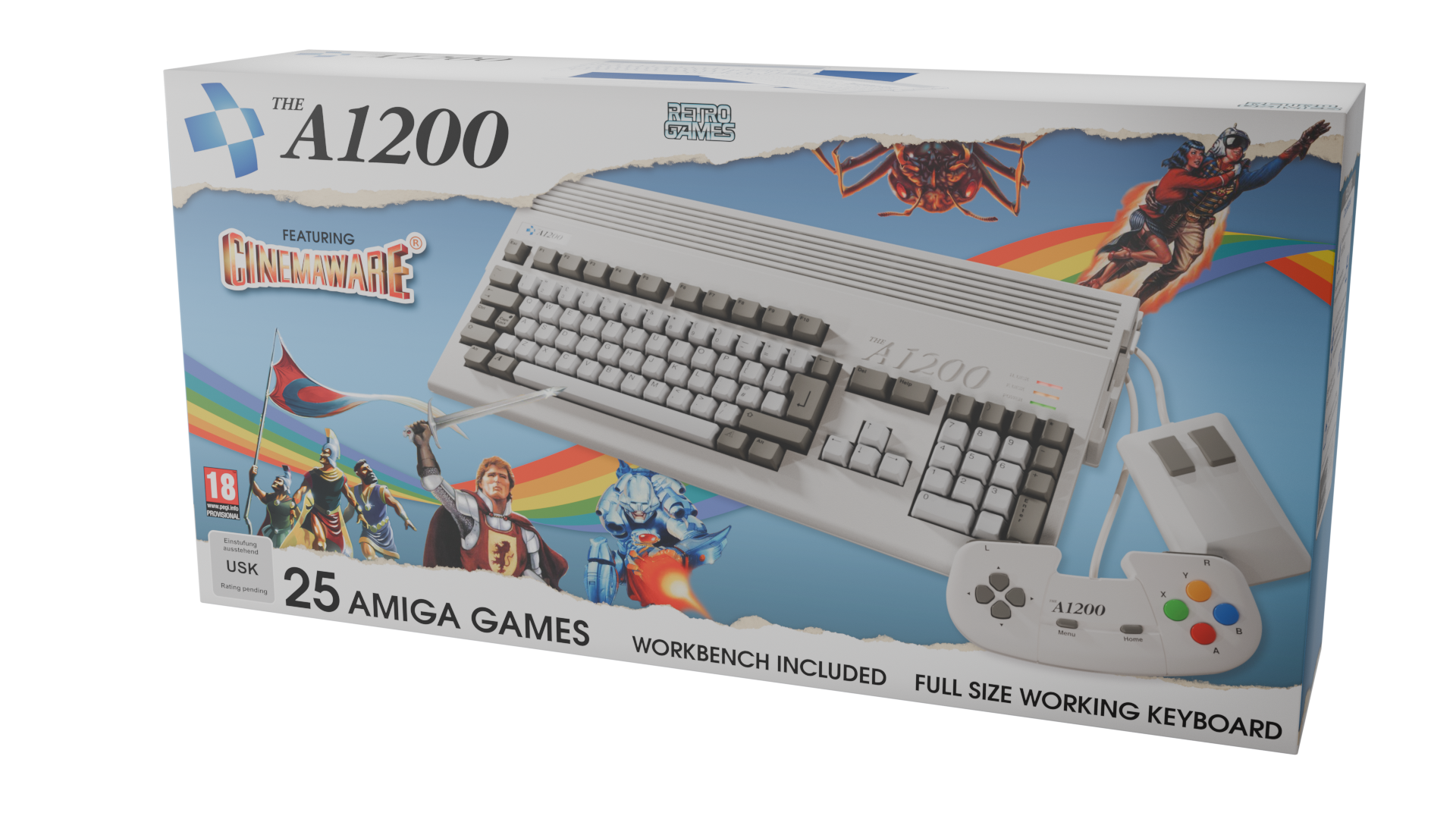 Schachtel eines A1200-Computers. Sie hat eine Tastatur, eine Maus und einen Controller. Die Schachtel hat Spielgrafiken darauf.