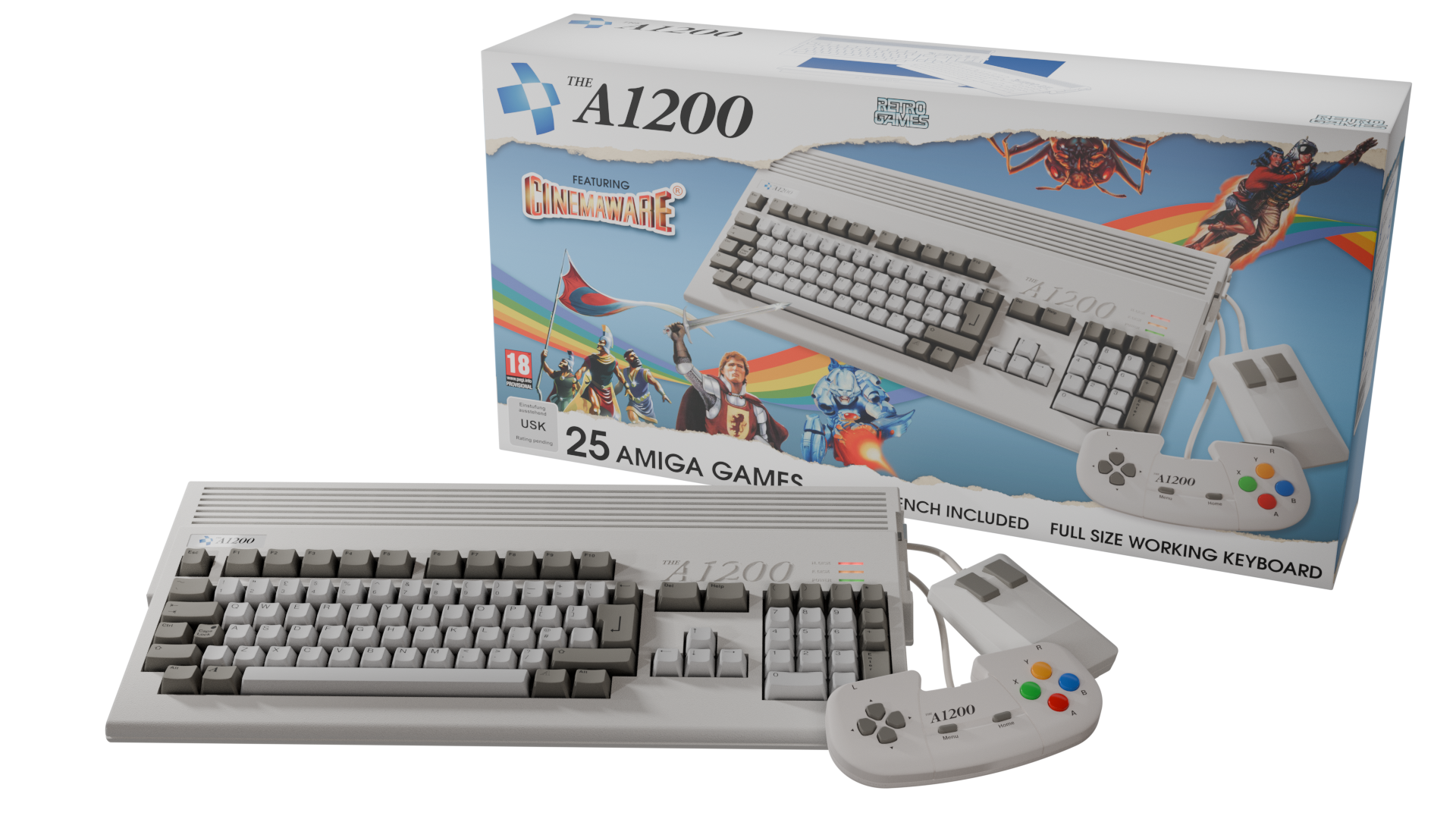 Ein Amiga A1200 Computer mit Karton, Tastatur, Maus und Gamepads. Die Box zeigt Spielgrafiken und die Wörter A1200 und Cinemaware.