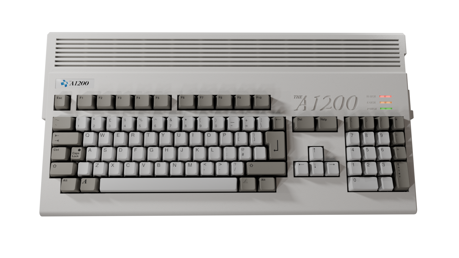 Eine Amiga 1200 Computer-Tastatur. Die Tastatur ist hellgrau, mit schwarzen Tasten und Beschriftungen. Sie hat Funktionstasten und einen Ziffernblock.