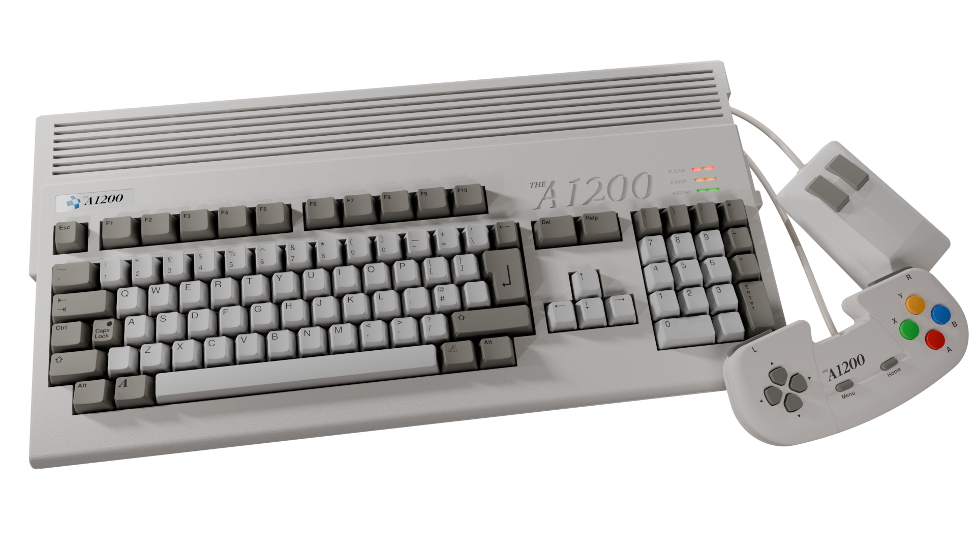 Eine weiße Computertastatur und ein Gamepad. Die Tastatur hat graue Tasten. Das Gamepad hat farbige Knöpfe und ein Kabel.