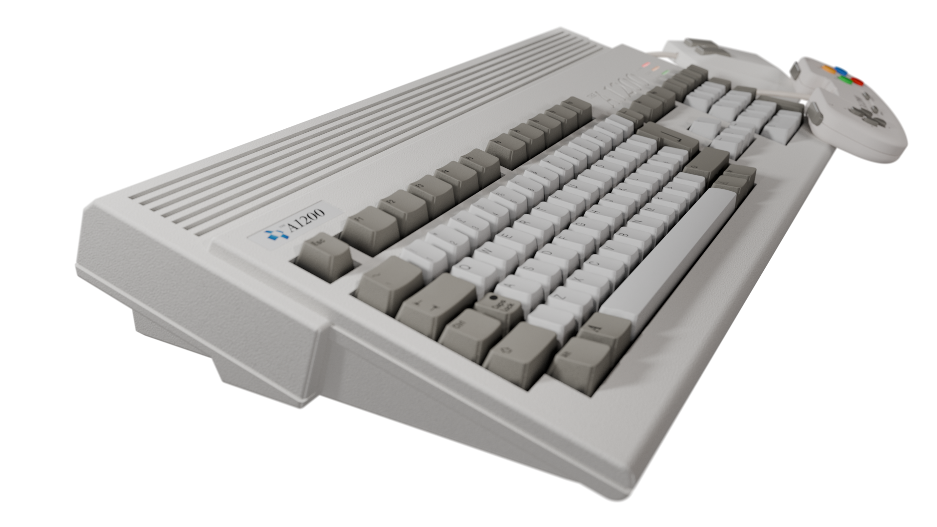 Eine weiße Computertastatur mit grauen Tasten und einem Gamepad an der Seite, vor schwarzem Hintergrund.