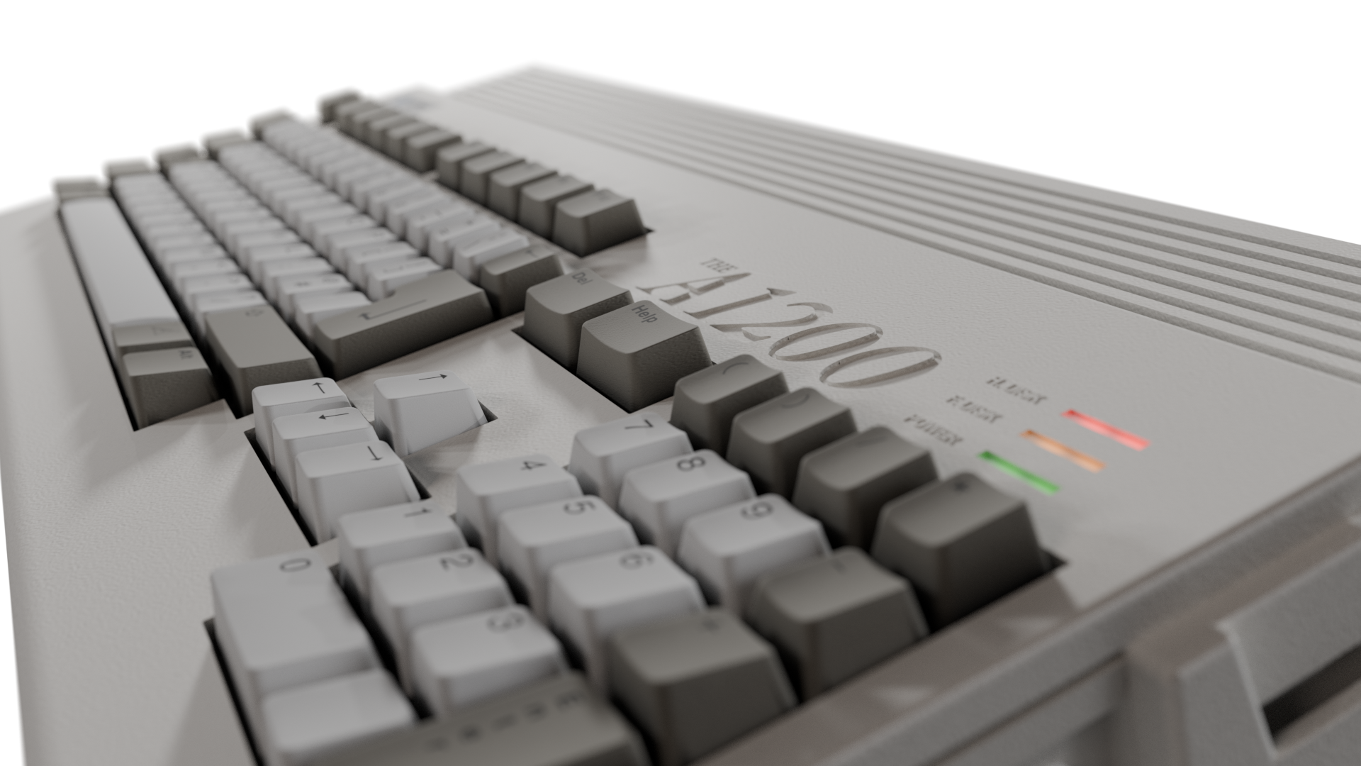 Nahaufnahme einer Computertastatur mit grauen und weißen Tasten. Auf der Tastatur steht A1200. Es gibt Strom-, Takt- und Festplattenleuchten.