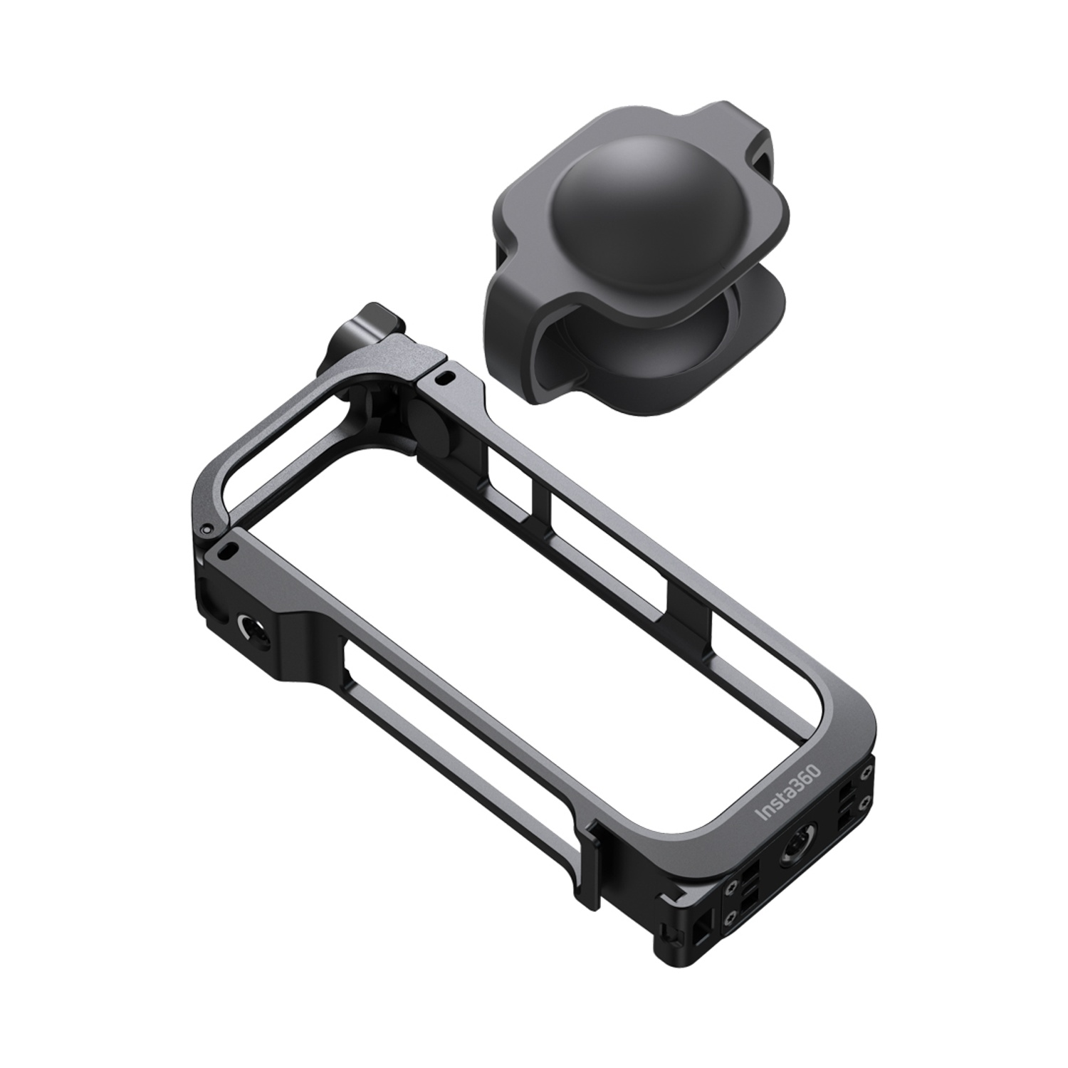 Gabbia nera per fotocamera Insta360 e una clip, su sfondo bianco. La gabbia è rettangolare. La clip è rotonda.
