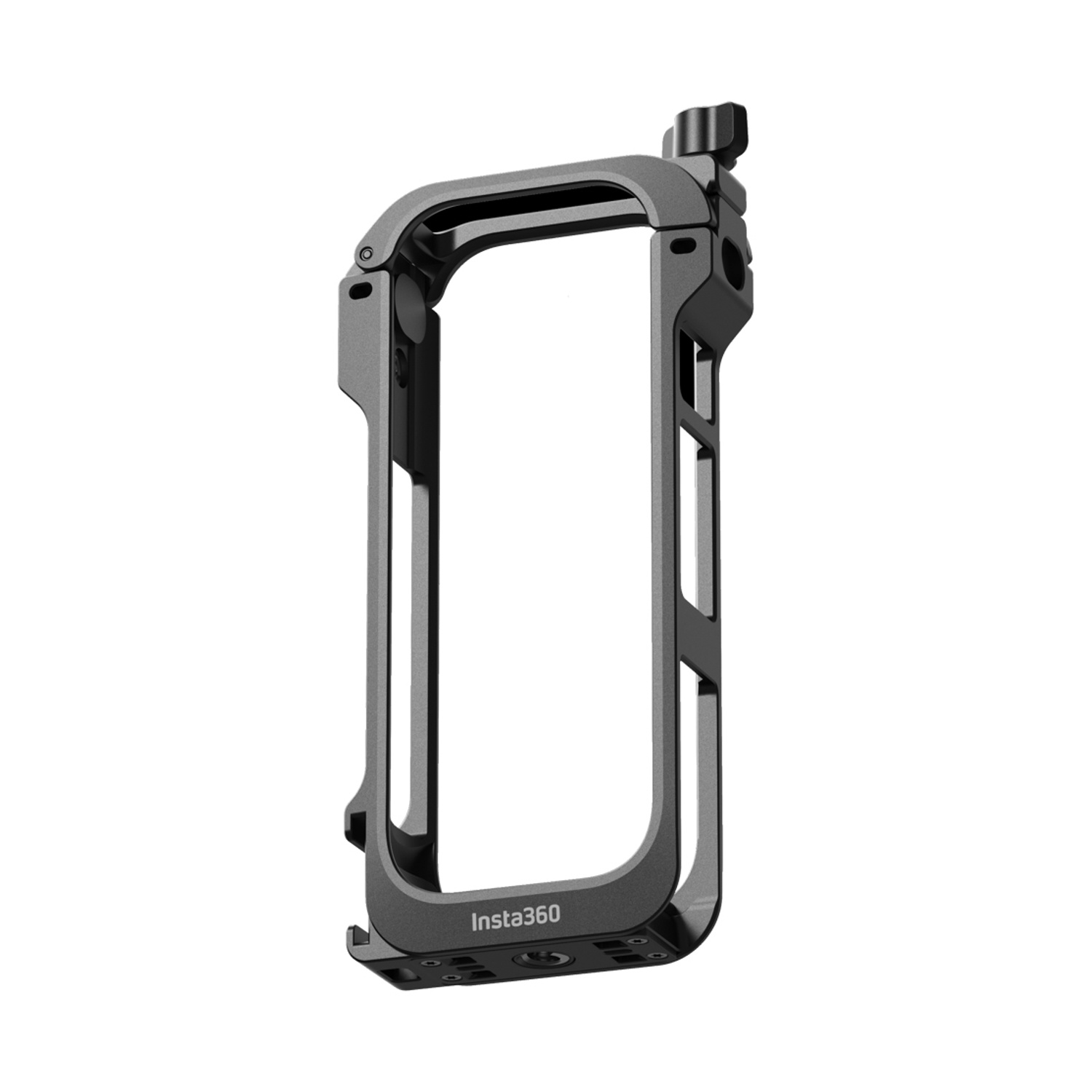 Una gabbia per fotocamera Insta360 in metallo grigio. Ha un telaio rettangolare con spazio aperto al centro. Il logo Insta360 è visibile.
