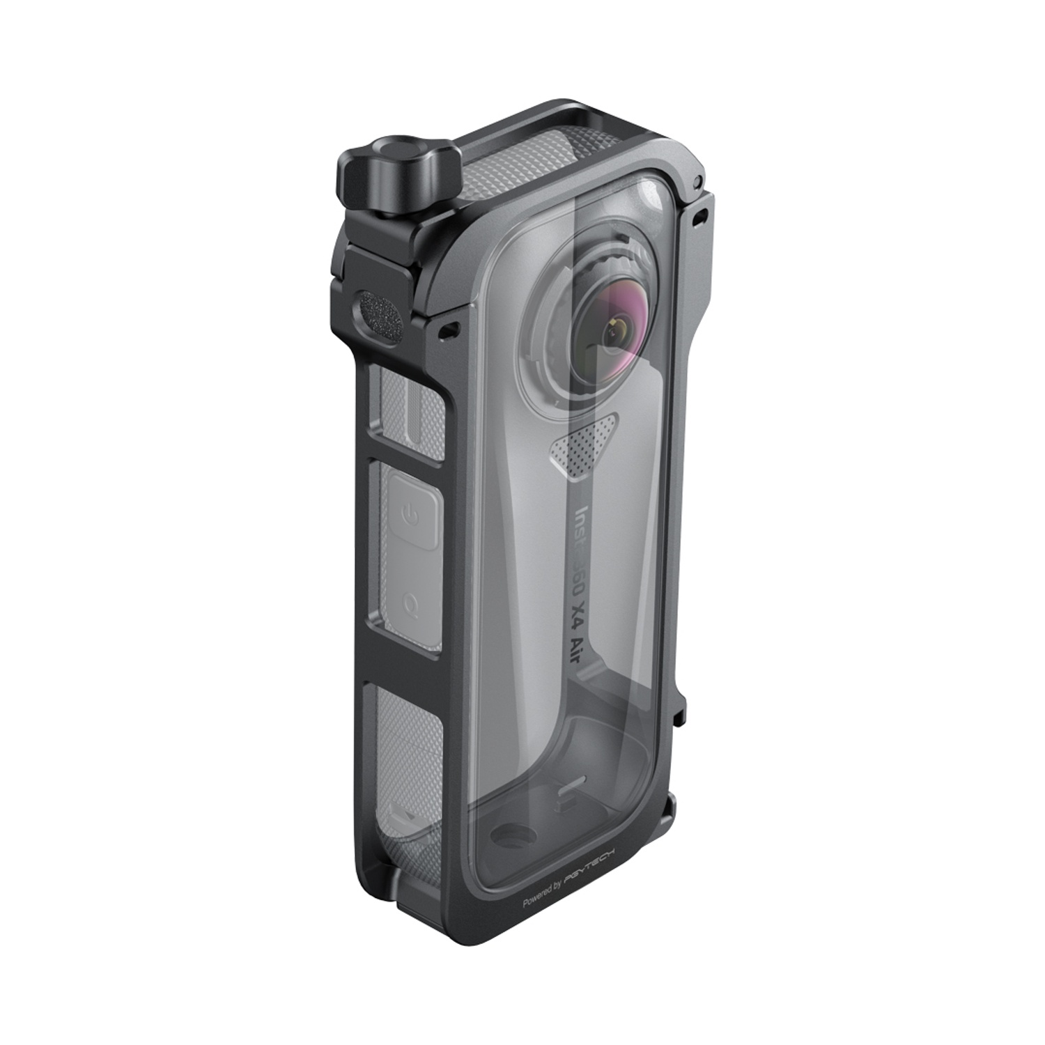 Una fotocamera nera e grigia in una custodia protettiva. Ha un obiettivo, pulsanti e la scritta 'Insta 360 X4 Air'.