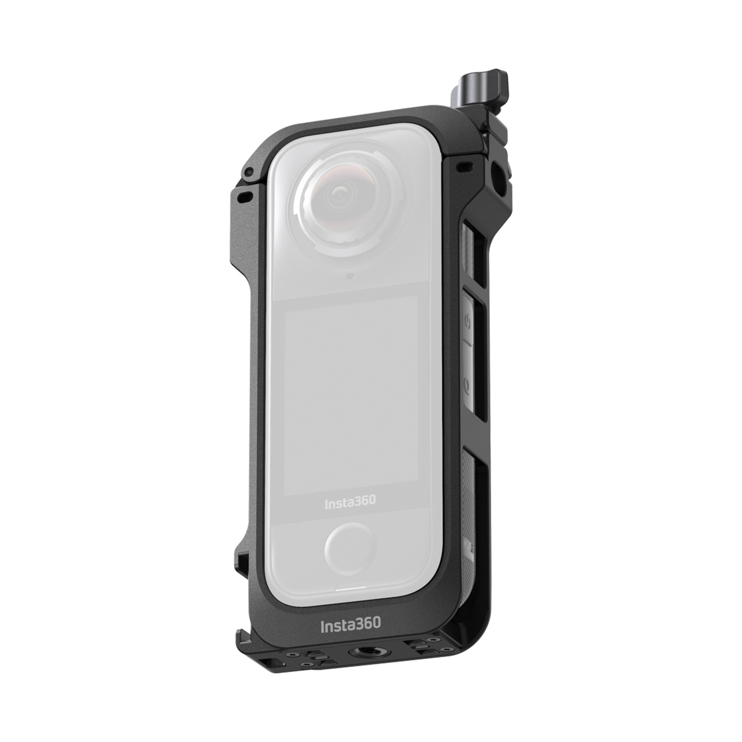 Una fotocamera Insta360 nera in una custodia protettiva. La fotocamera ha un obiettivo e uno schermo, con il marchio 'Insta360'. Lo sfondo è bianco.