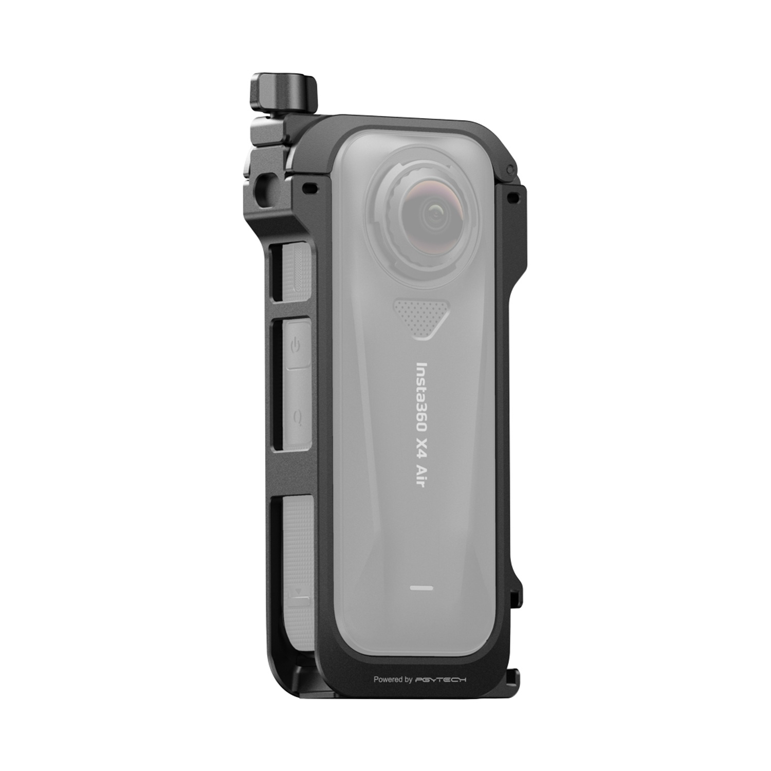 Una fotocamera nera Insta360 X4 Air in una custodia protettiva. La fotocamera è verticale, con obiettivo trasparente e pulsanti laterali, su sfondo bianco.