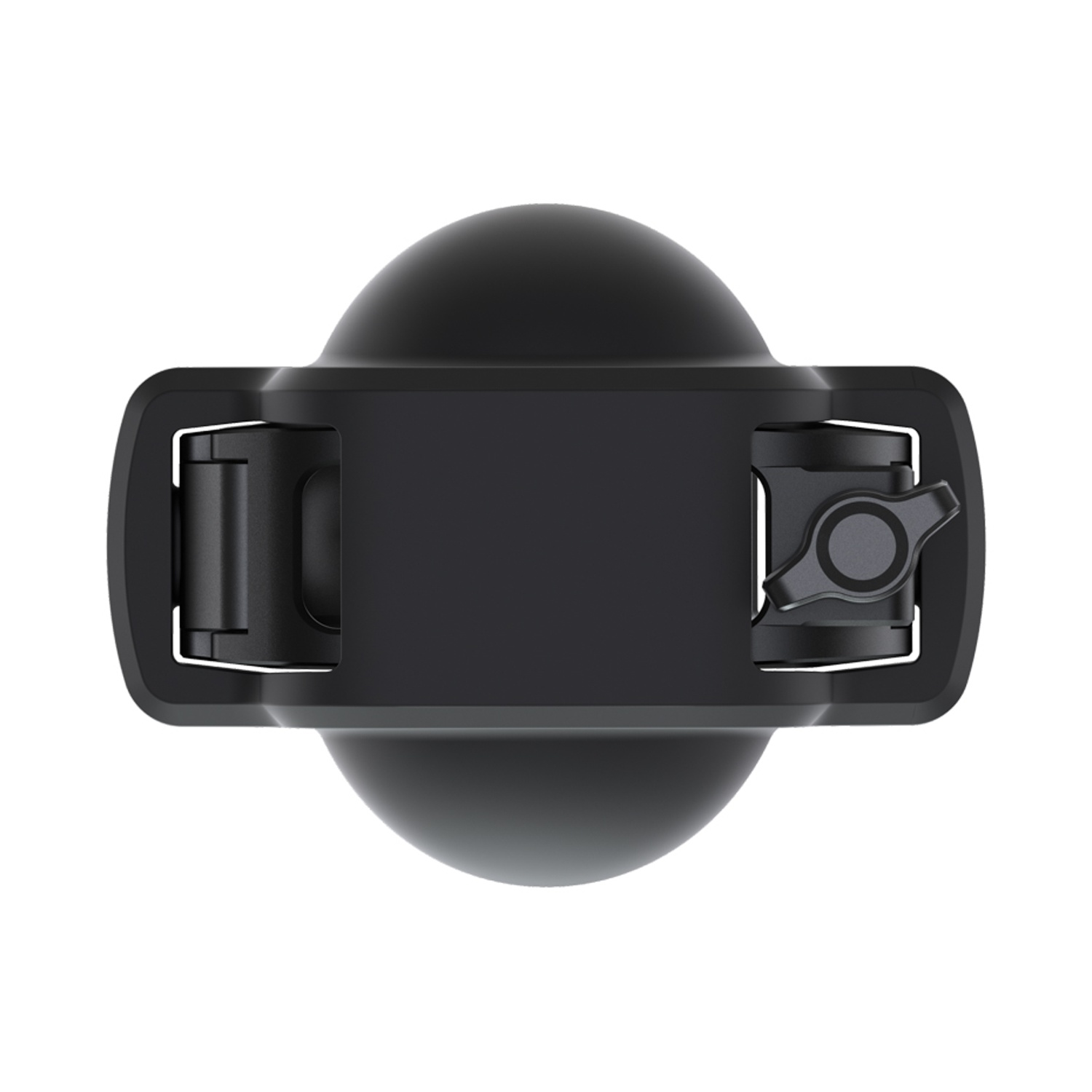 Un dispositivo nero, forse un supporto per fotocamera, con base arrotondata, corpo rettangolare e due attacchi laterali. Isolato su bianco.