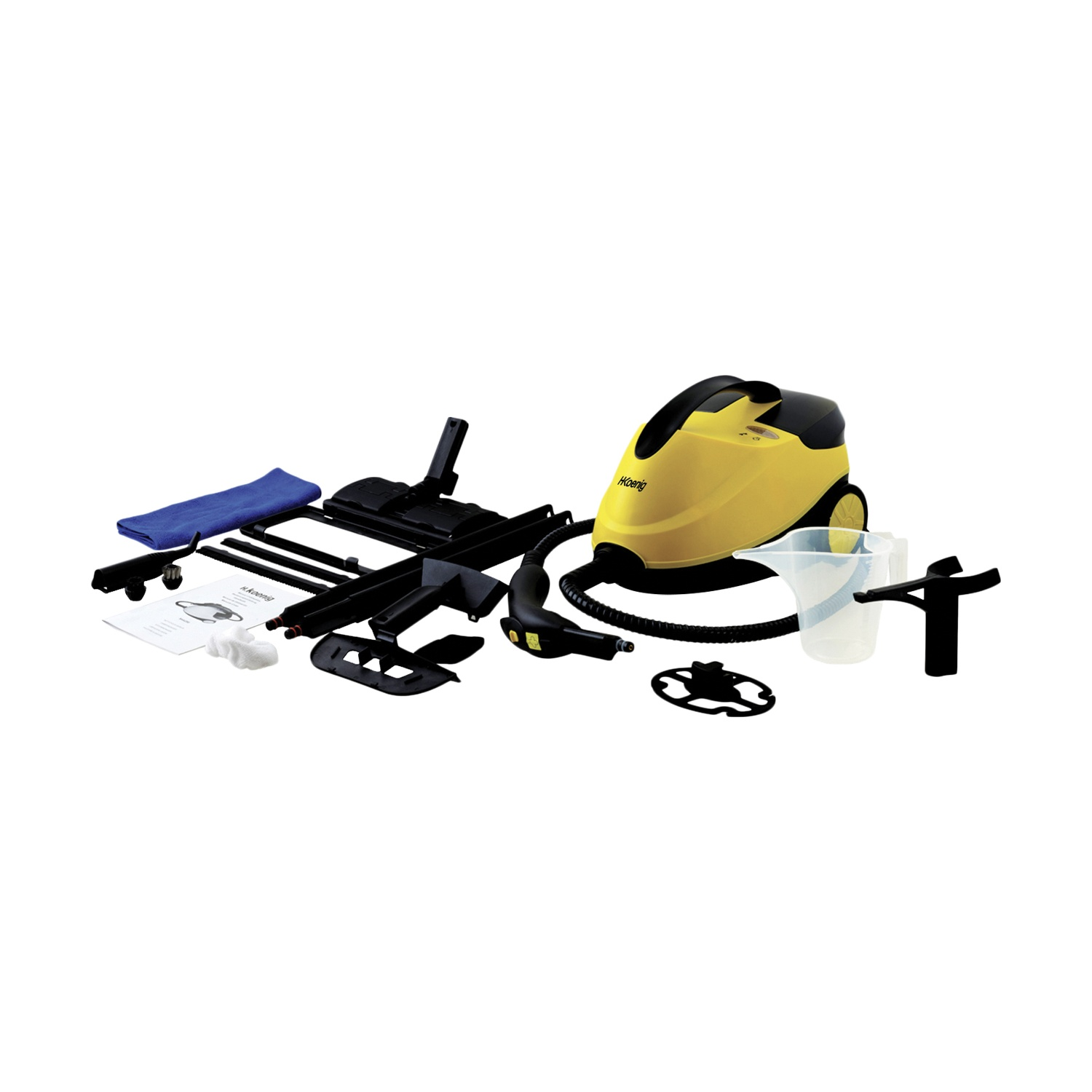 Un pulitore a vapore giallo e nero con accessori. Include un panno blu, attacchi neri, un misurino e un manuale.