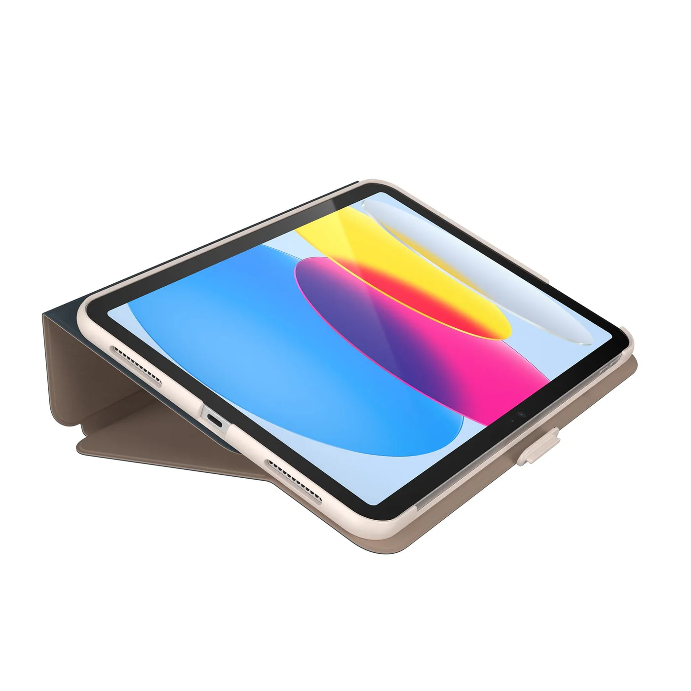 Tablet tokban. A képernyő kék, sárga és rózsaszín formákat mutat. A tok bézs és szürke, nyitott, fehér háttéren.