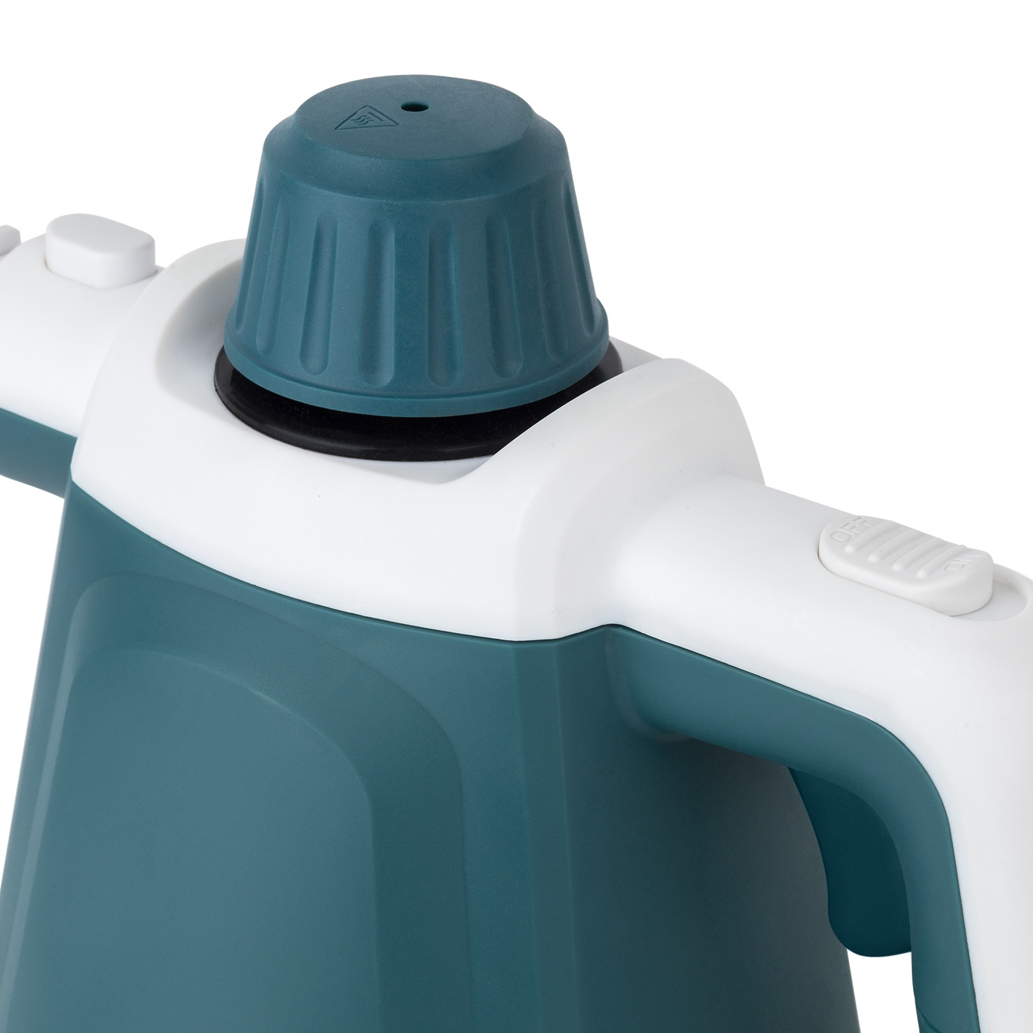 Primo piano di un pulitore a vapore verde acqua e bianco. La parte superiore ha una manopola verde acqua, un pulsante bianco e un'impugnatura. Lo sfondo è bianco.