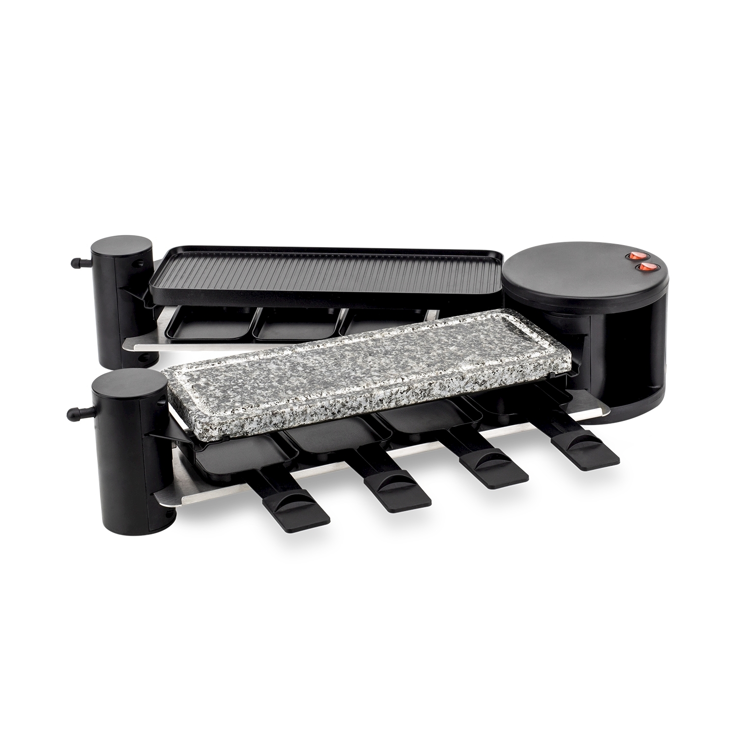Una raclette con piano in pietra e superficie di cottura, base nera e pulsanti rossi, su sfondo bianco.
