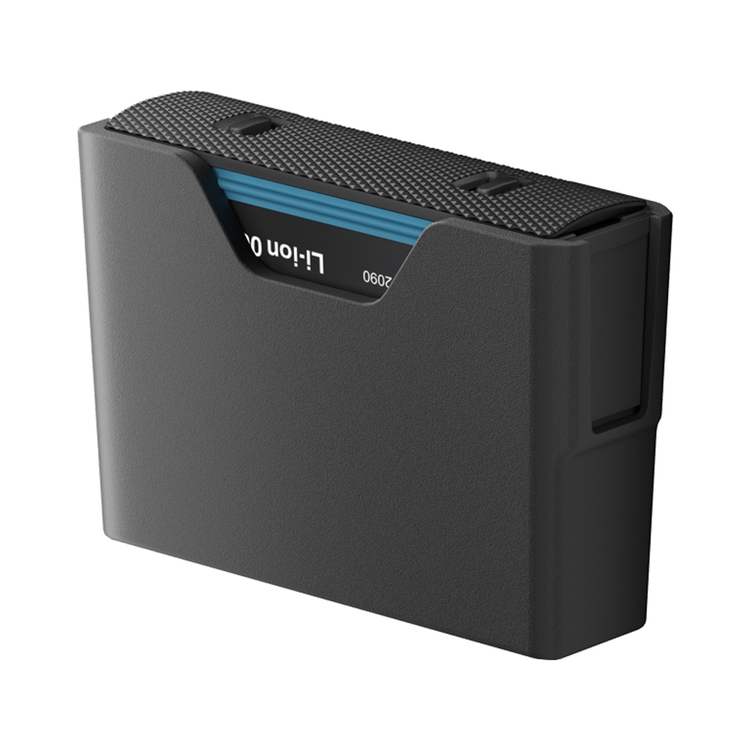 Un pacco batterie nero con parte superiore testurizzata e una striscia blu. Ha un'etichetta con scritto 'Li-ion 0.' e '2090'.