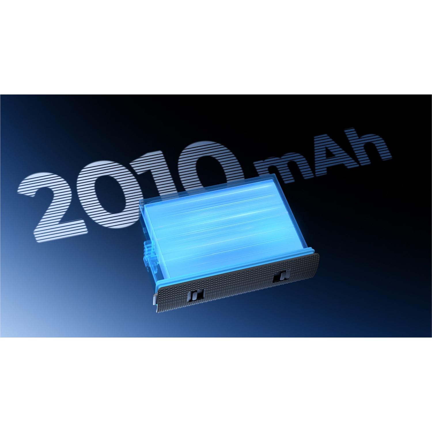 L'immagine mostra una batteria blu con il testo 2010 mAh. La batteria è su uno sfondo sfumato blu-nero.