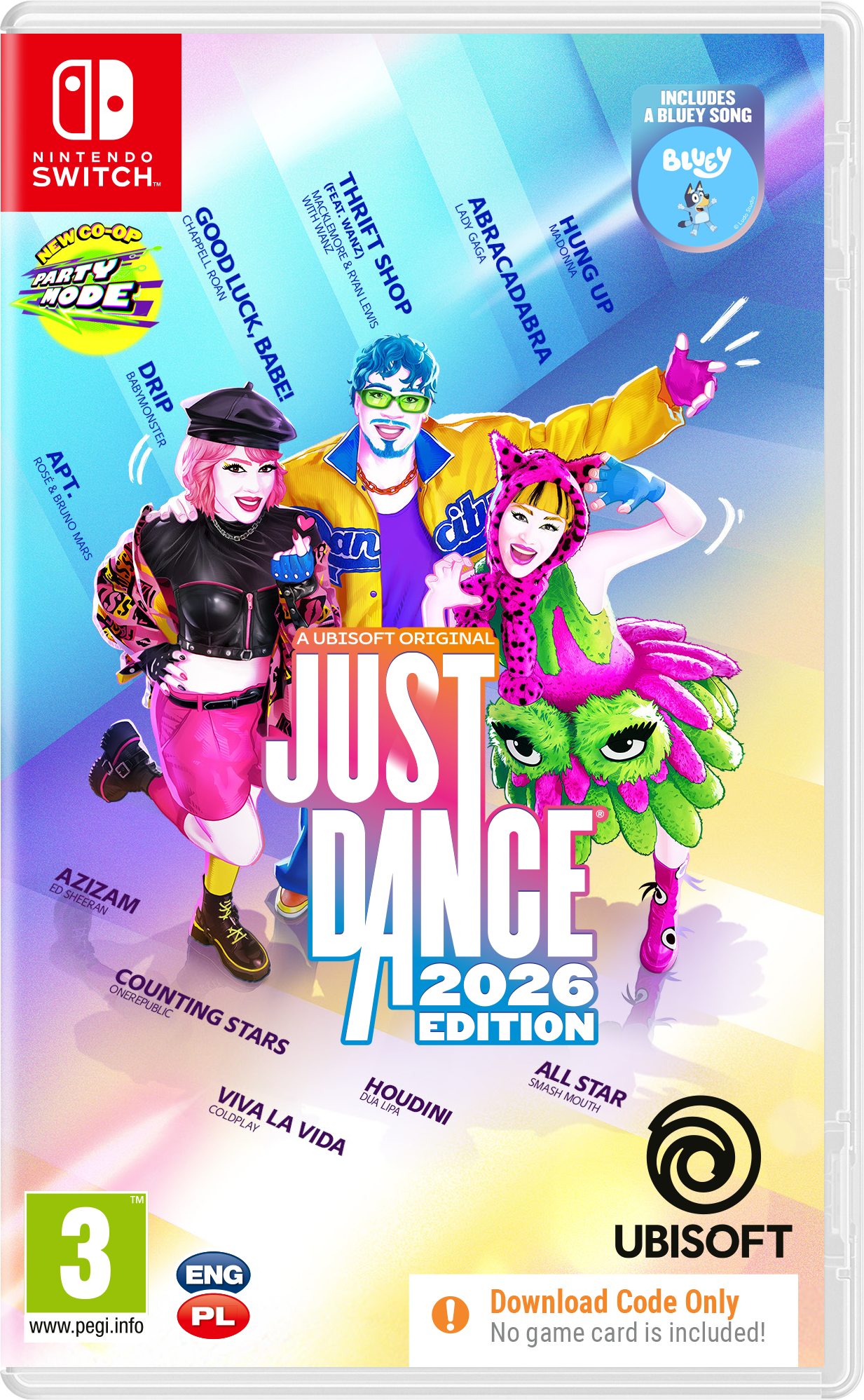 Okładka 'Just Dance 2026 Edition'. Przedstawia trzy tańczące postacie i logo gry. Zawiera piosenkę Bluey.