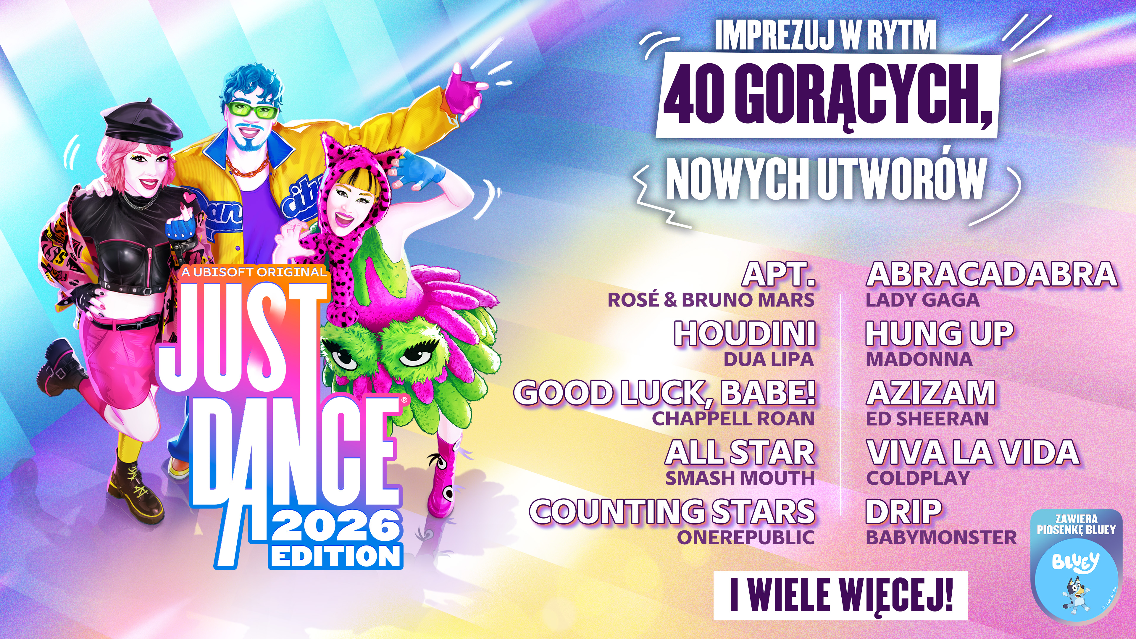 Plakat Just Dance 2026 Edition z tancerzami i tytułami piosenek, z logo Bluey.