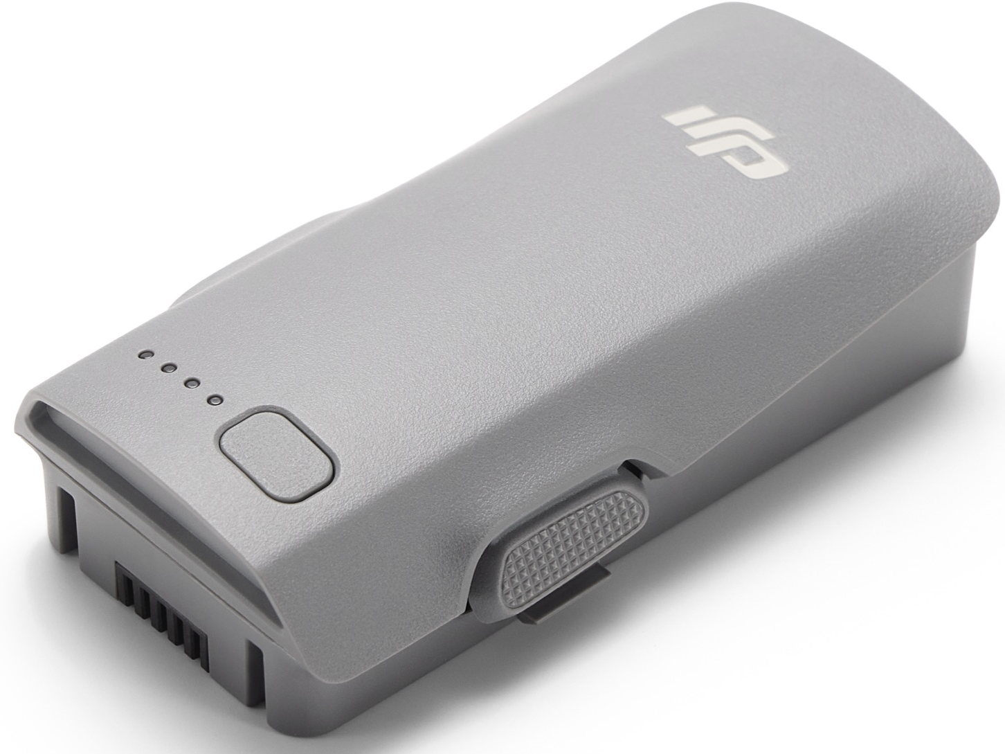 Une batterie de drone grise avec un bouton d'alimentation, des indicateurs de niveau de batterie et le logo DJI. Sur fond blanc.