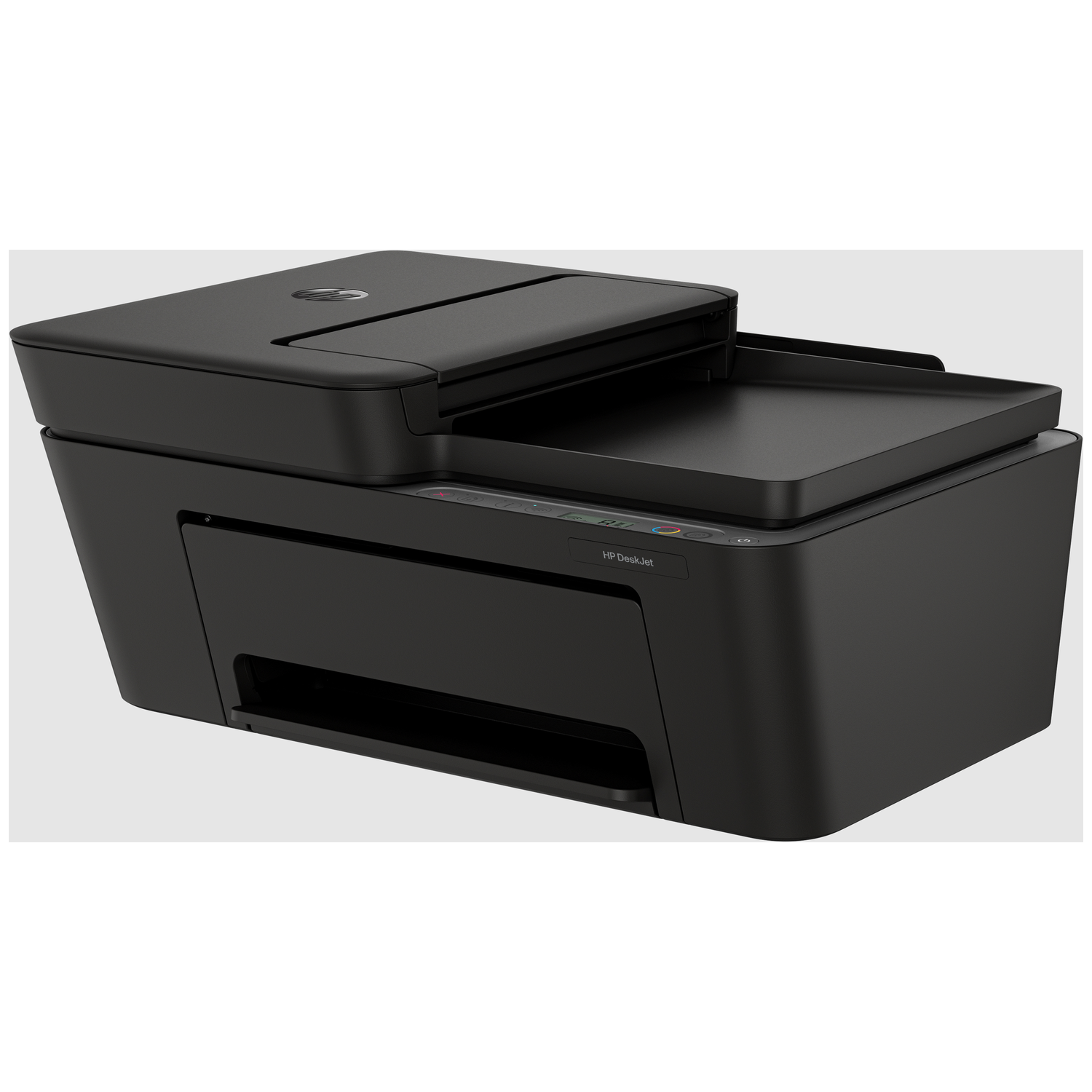 A black HP DeskJet printer is shown, with a scanner lid open. The printer is on a white background.