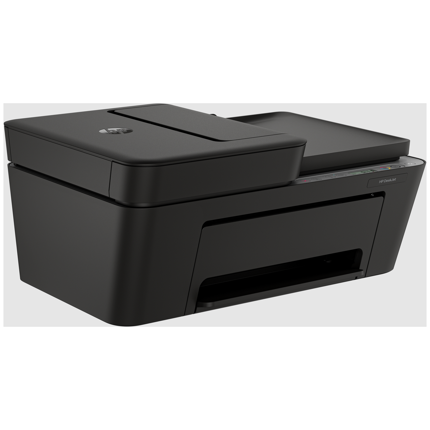 A black HP DeskJet printer. It has a scanner, a paper tray, and the HP logo on top. It is on a white background.