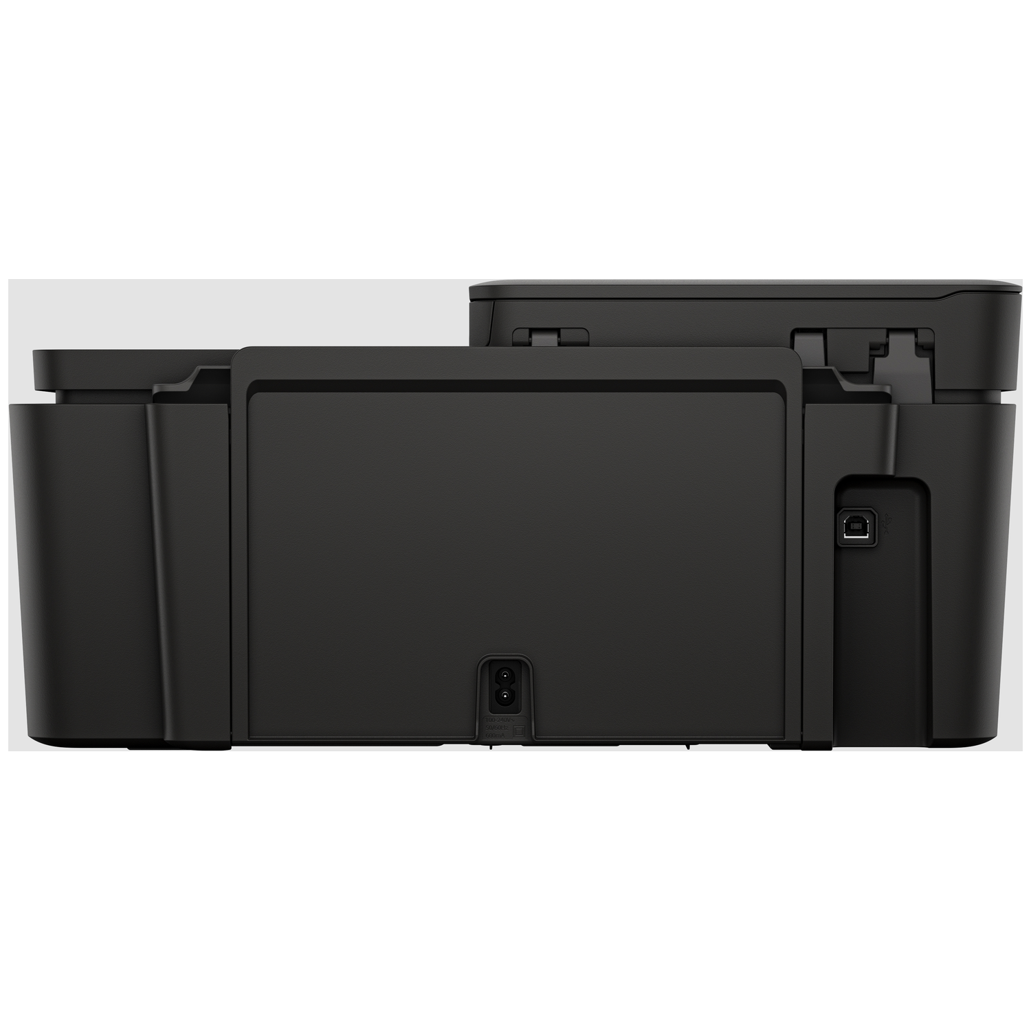 A black printer is shown from the back. It has a power port, USB port, and a paper output tray. The background is white.