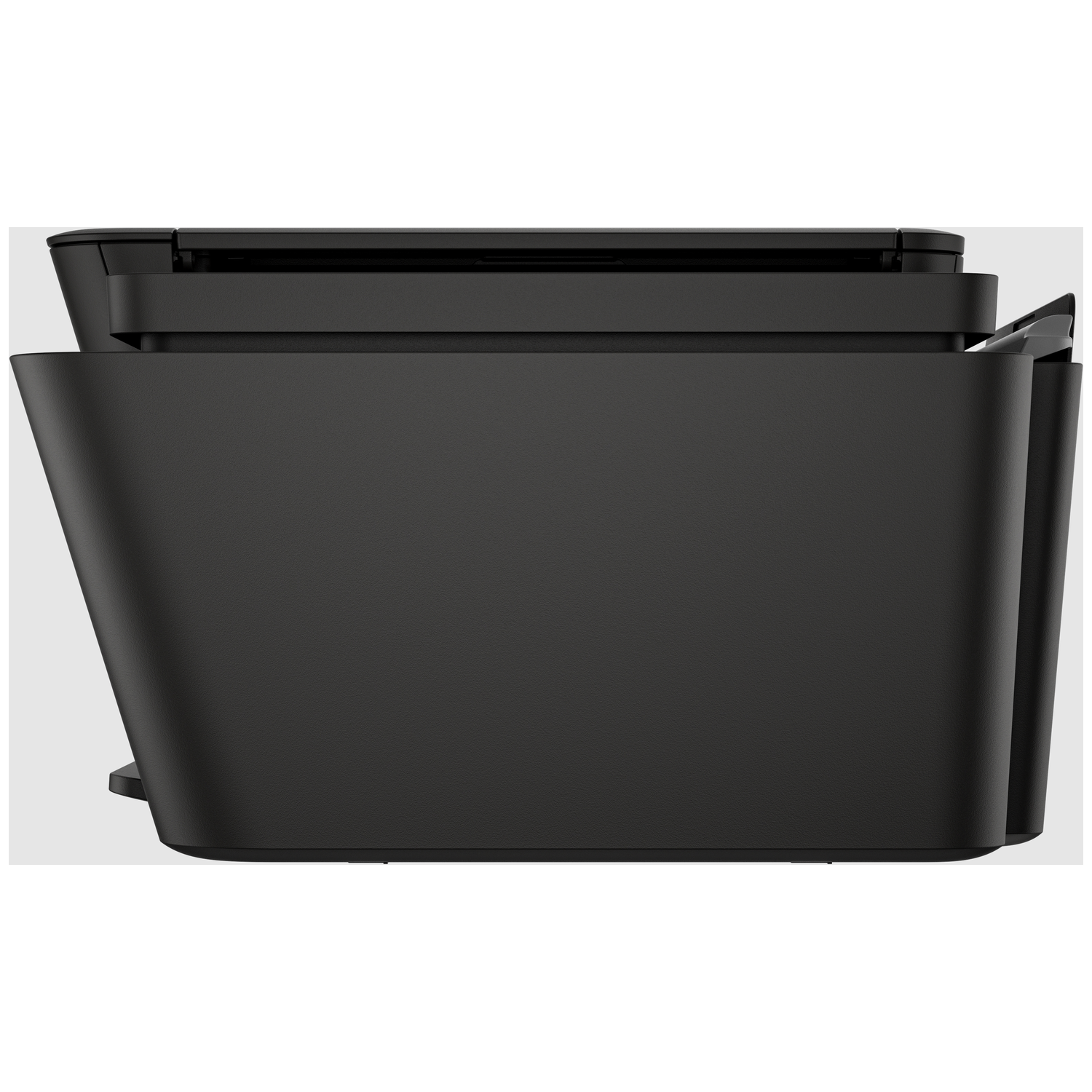 A black printer is shown from the side. It has a flat top, a curved front, and is set against a white background.