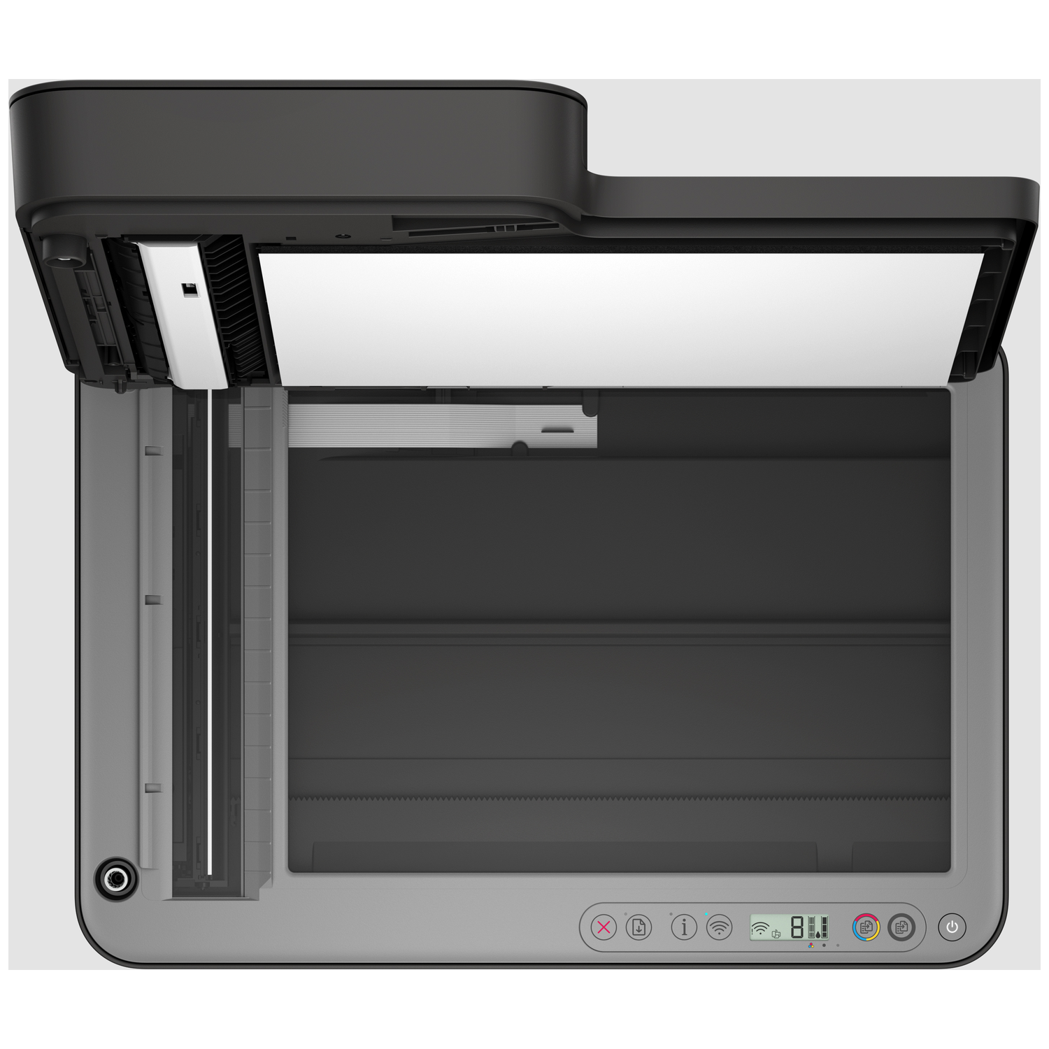 Top view of an open printer scanner. Black lid, white paper inside, gray body. Control panel with symbols and a display.