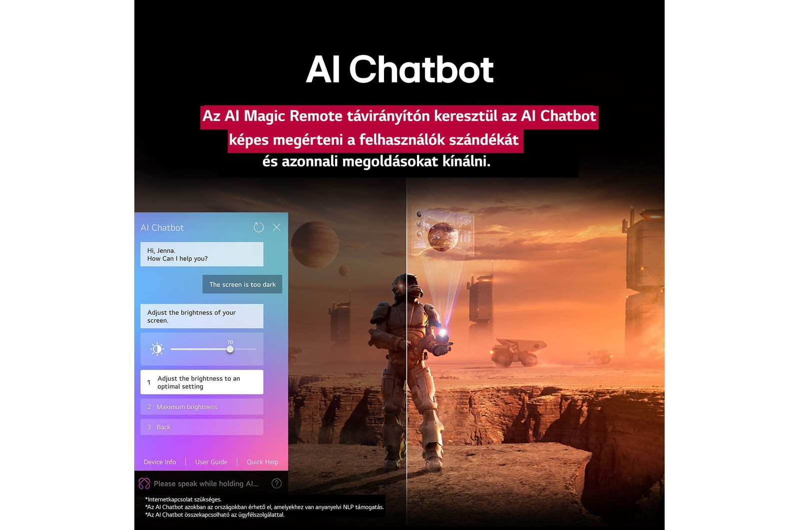 Egy AI chatbot felület, futurisztikus jelenettel. Egy űrhajós áll, a képernyő a fényerő beállítási lehetőségeit és egy párbeszédet mutat.