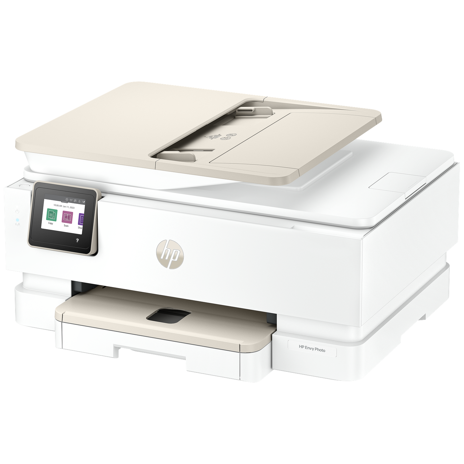 An HP Envy Photo printer. White body with beige top and paper tray. A color touchscreen and HP logo are visible.