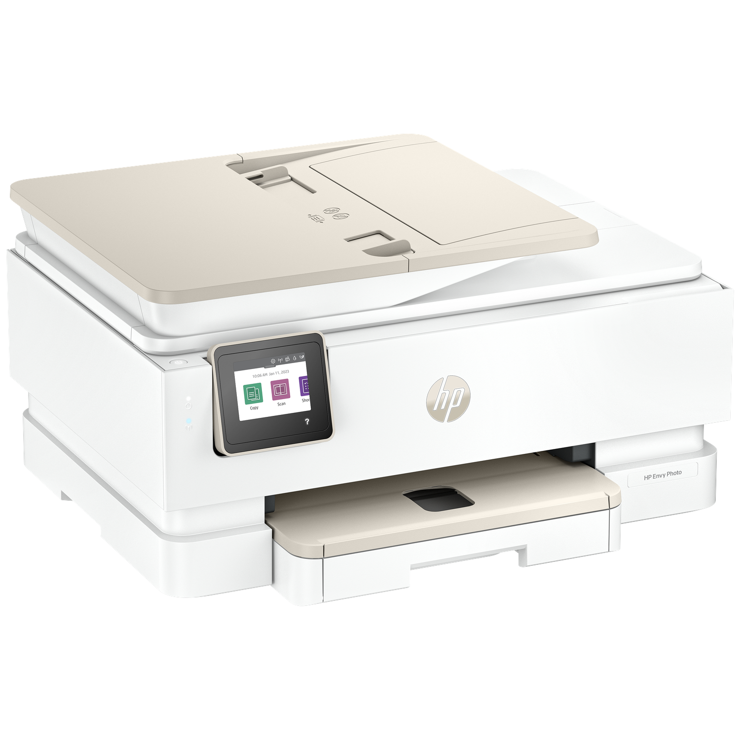 An HP Envy Photo printer. It is white with beige accents, a small screen, and the HP logo. The printer is on a white background.