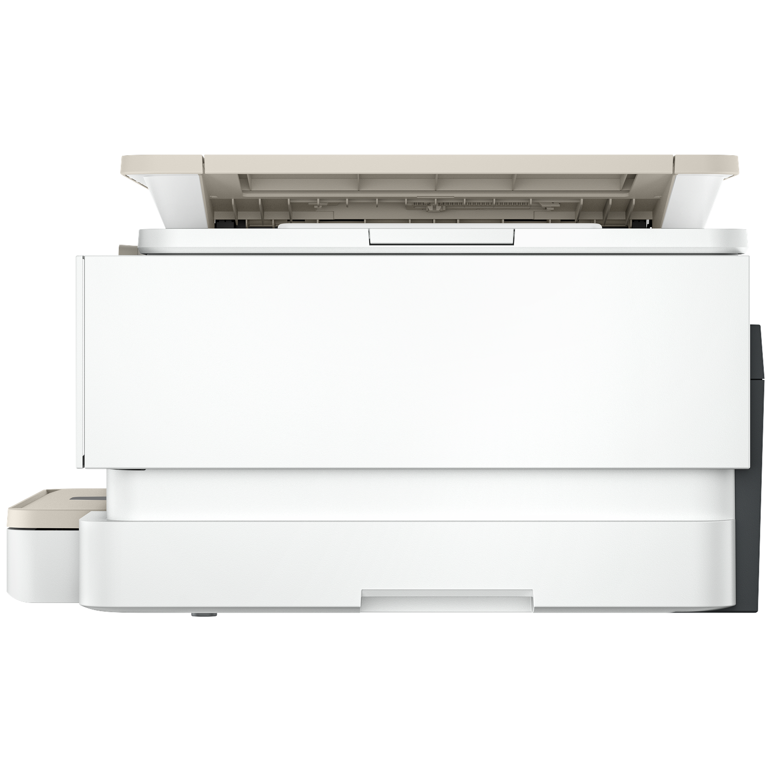 A white and beige printer. The top is beige. The main body is white. A black side panel is on the right.