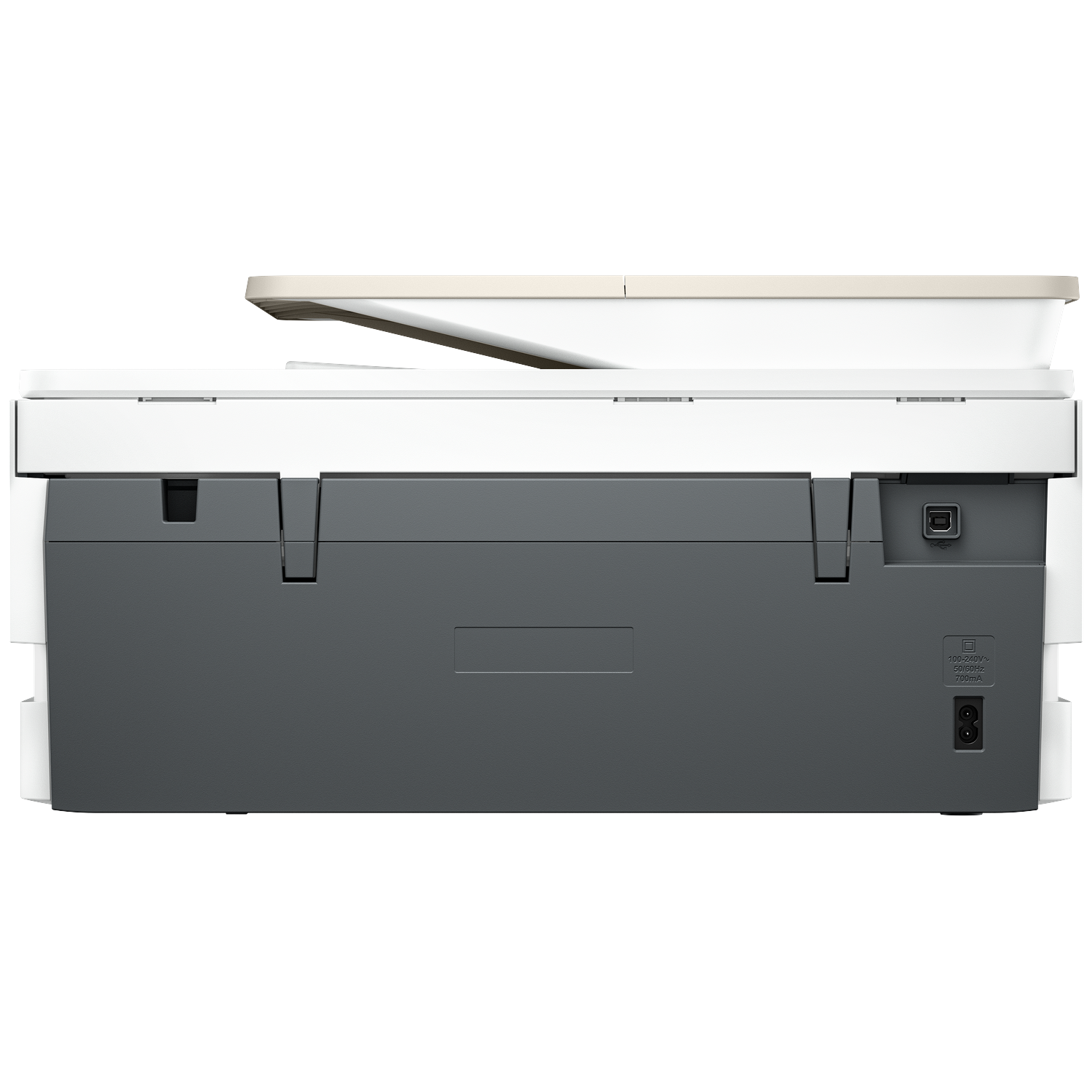The back of a white and gray printer. It shows a USB port, power input, and a scanner lid.