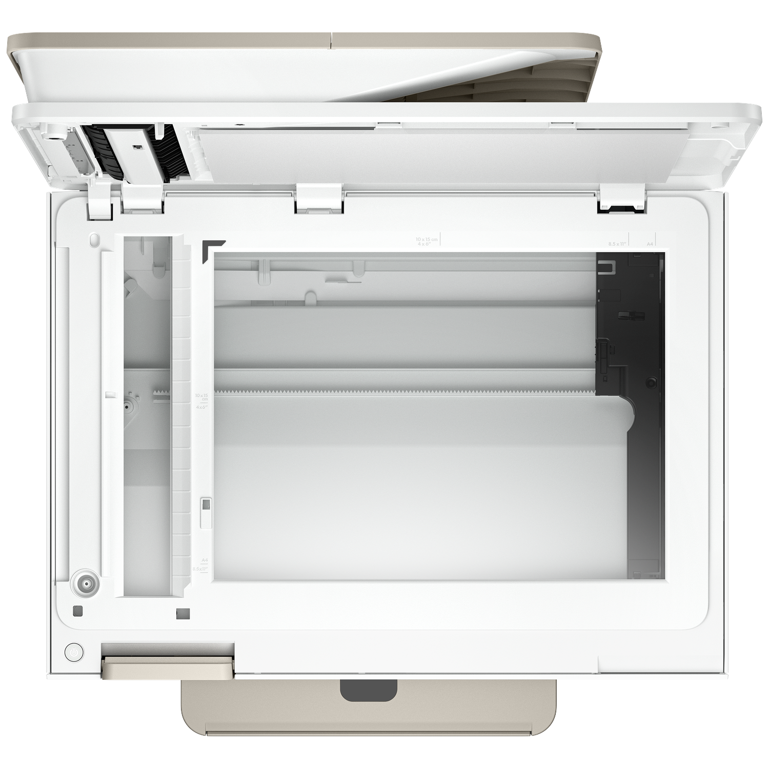 Top view of a white and beige printer/scanner with open lid, revealing the scanning bed and internal components.