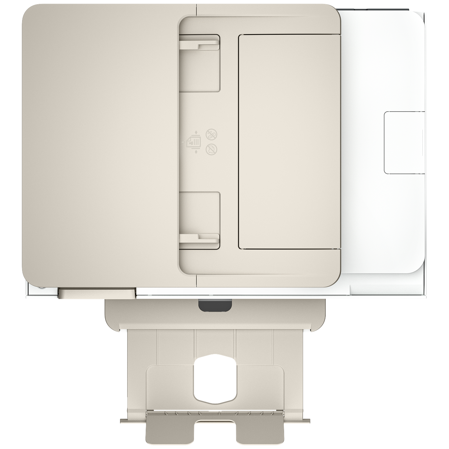 Top view of a beige printer. The paper tray is extended. The printer has various compartments and symbols.