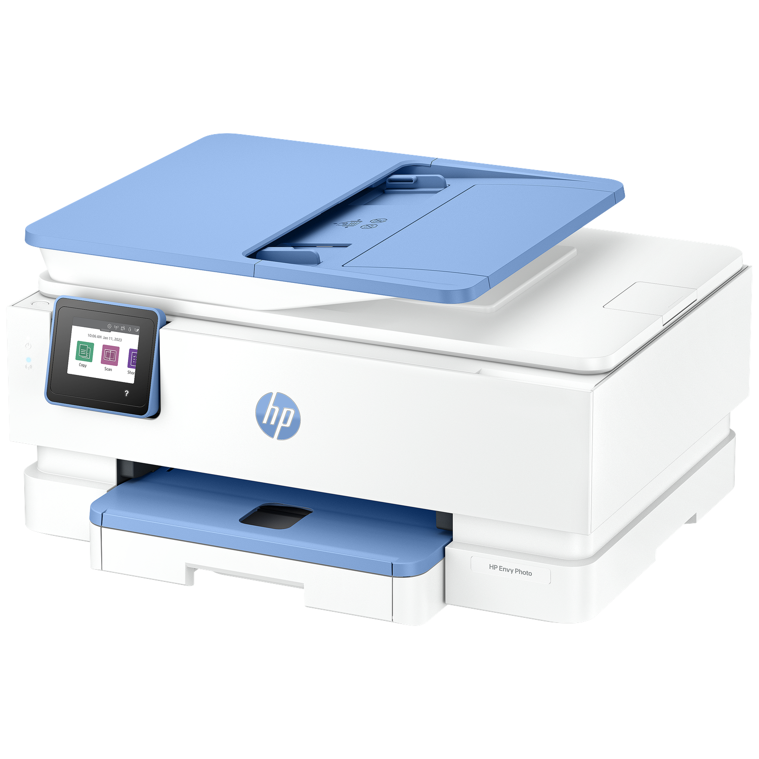 An HP Envy Photo printer, white body with blue accents. The top lid is open. A touchscreen display is on the left.