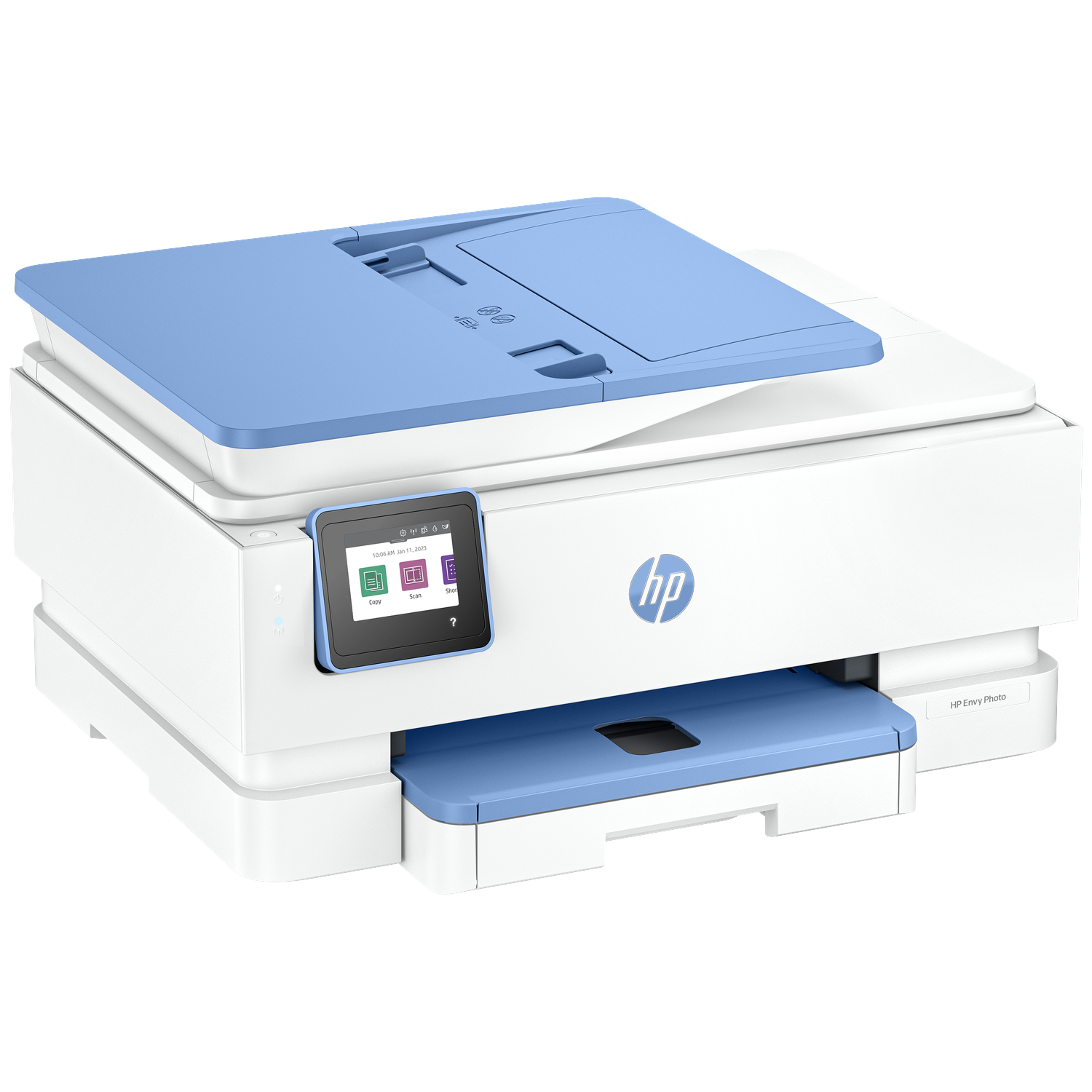 An HP Envy Photo printer. White body with light blue top and paper tray. Has a touchscreen display and the HP logo.