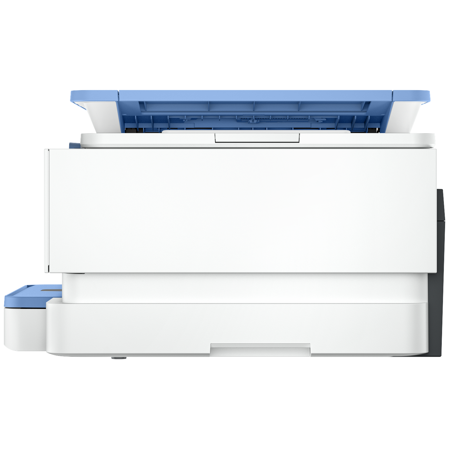 A white printer with a blue top. The printer is on a white background. It's a modern office machine.