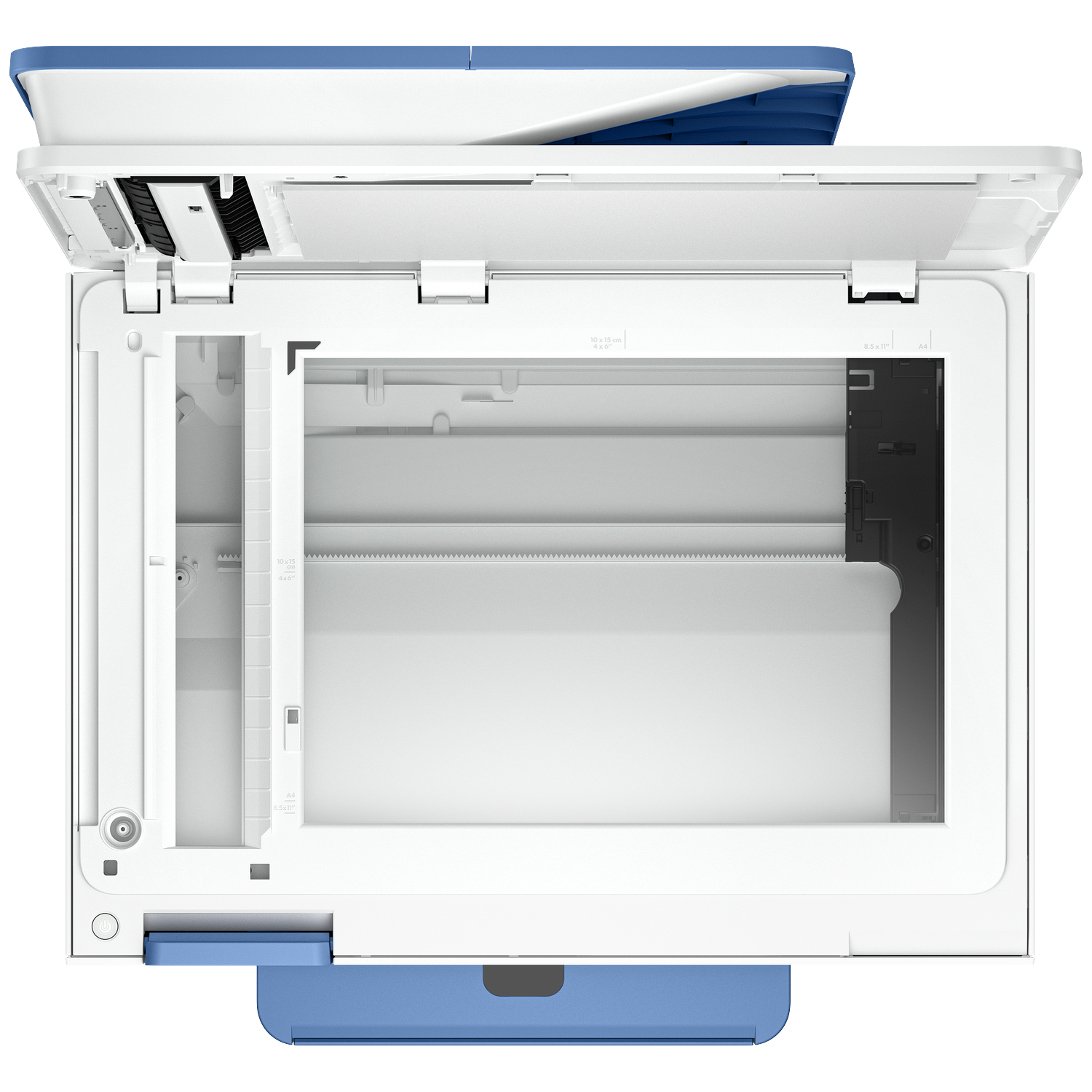 Top view of a white and blue printer scanner. The scanner lid is open, revealing the scanning bed. Labels indicate paper sizes.