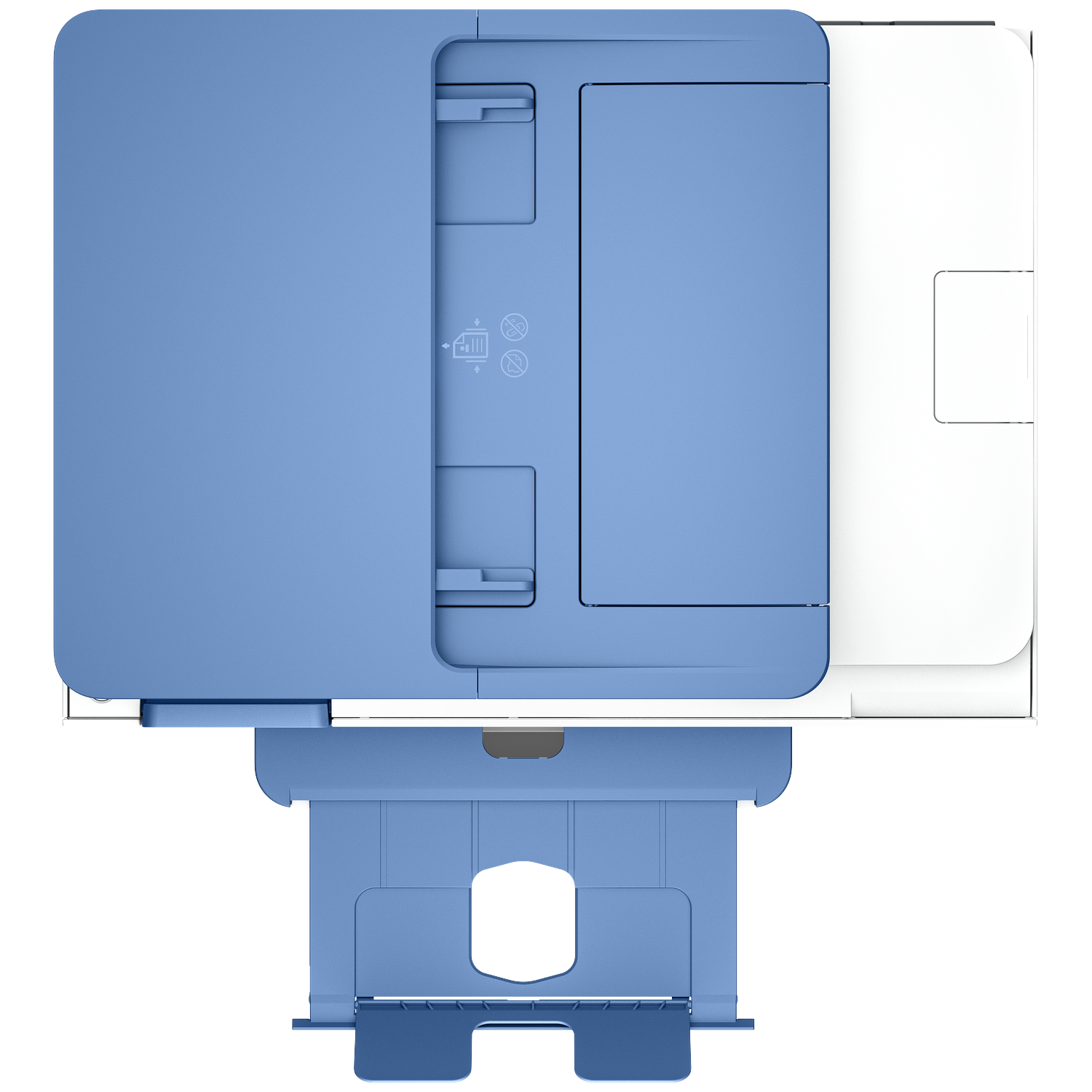 Top view of a blue and white printer. A paper tray is extended at the bottom. The design is modern and clean.