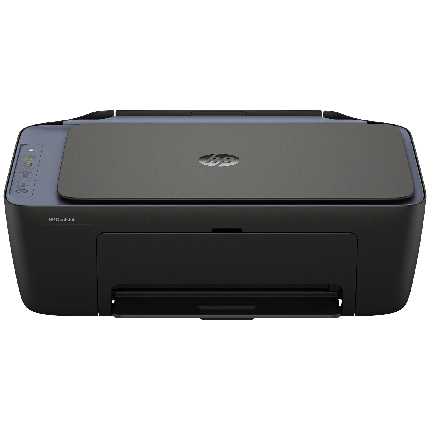 Een HP DeskJet-printer, voornamelijk zwart met een grijze bovenkant en het HP-logo. Een papierlade is zichtbaar aan de onderkant.