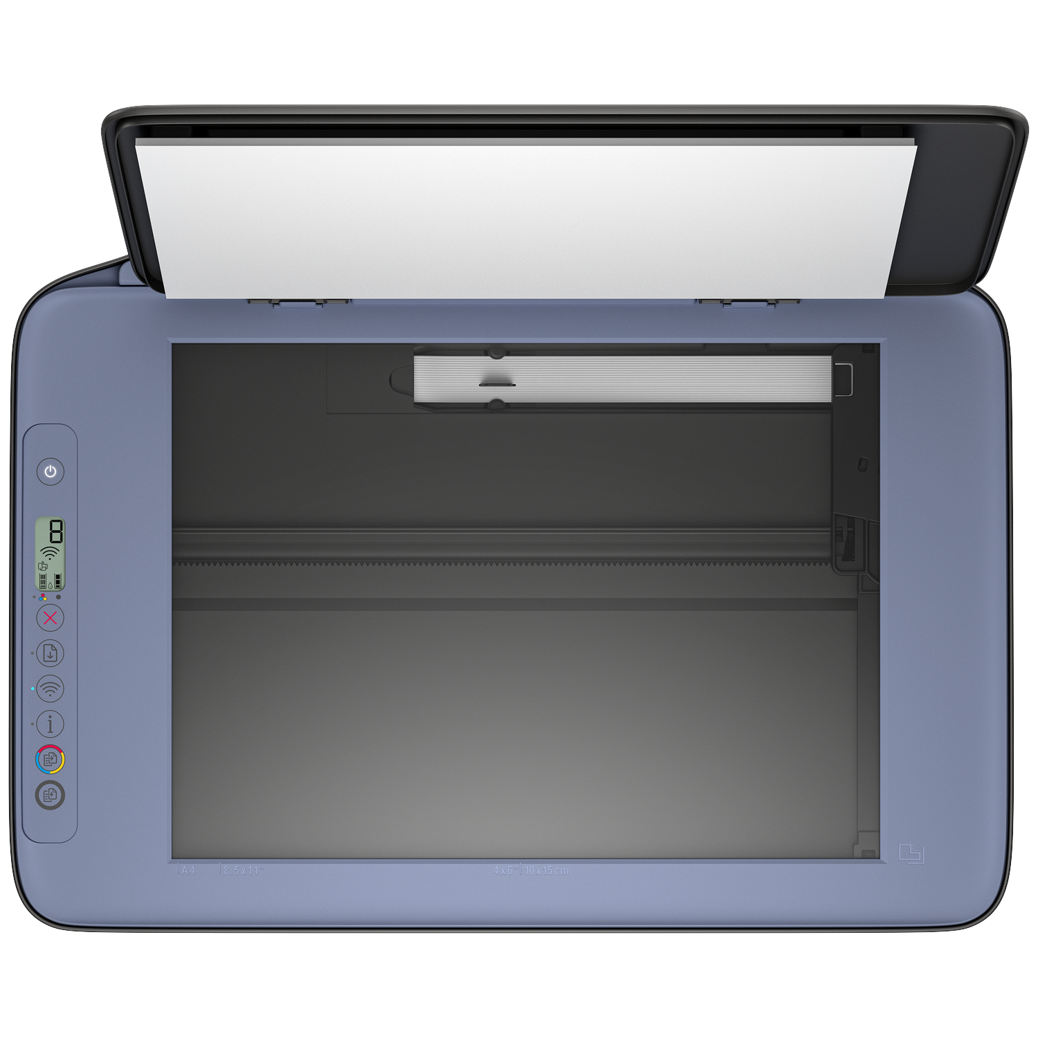 Een blauw-zwarte printer is open. Er zit wit papier in. Knoppen aan de zijkant. De deksel is open.