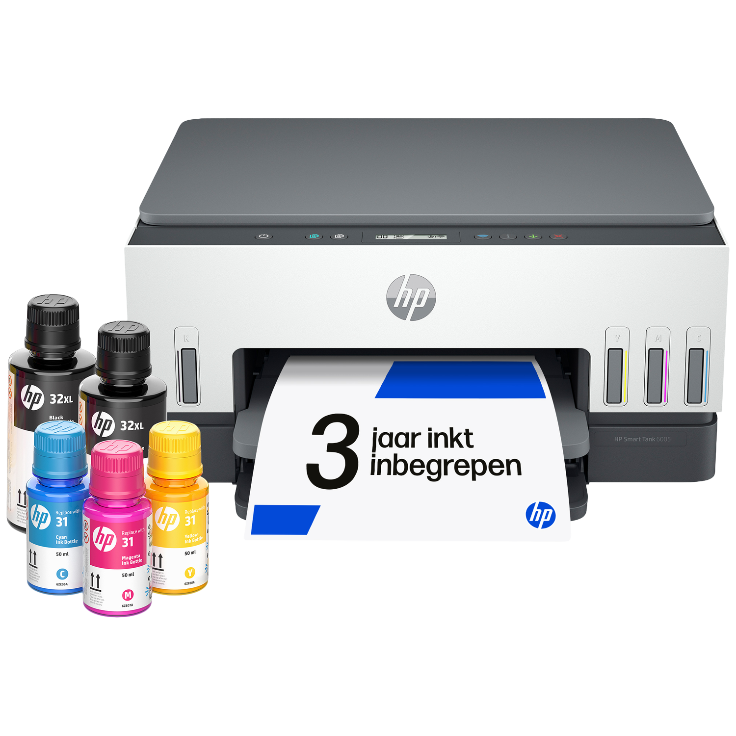 Een HP-printer met inktflessen. De printer is wit en grijs. Inktflessen zijn zwart, blauw, roze en geel.