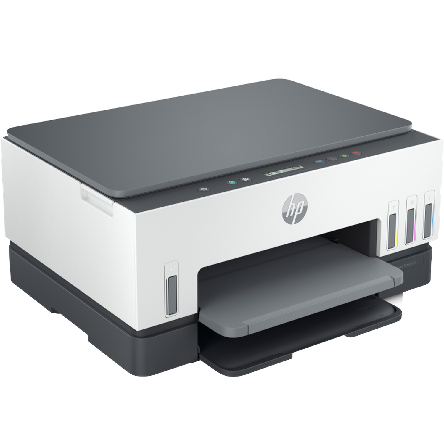 Een HP-printer. Hij is wit met een grijze bovenkant en een grijze papierlade. Het HP-logo is zichtbaar aan de voorkant.