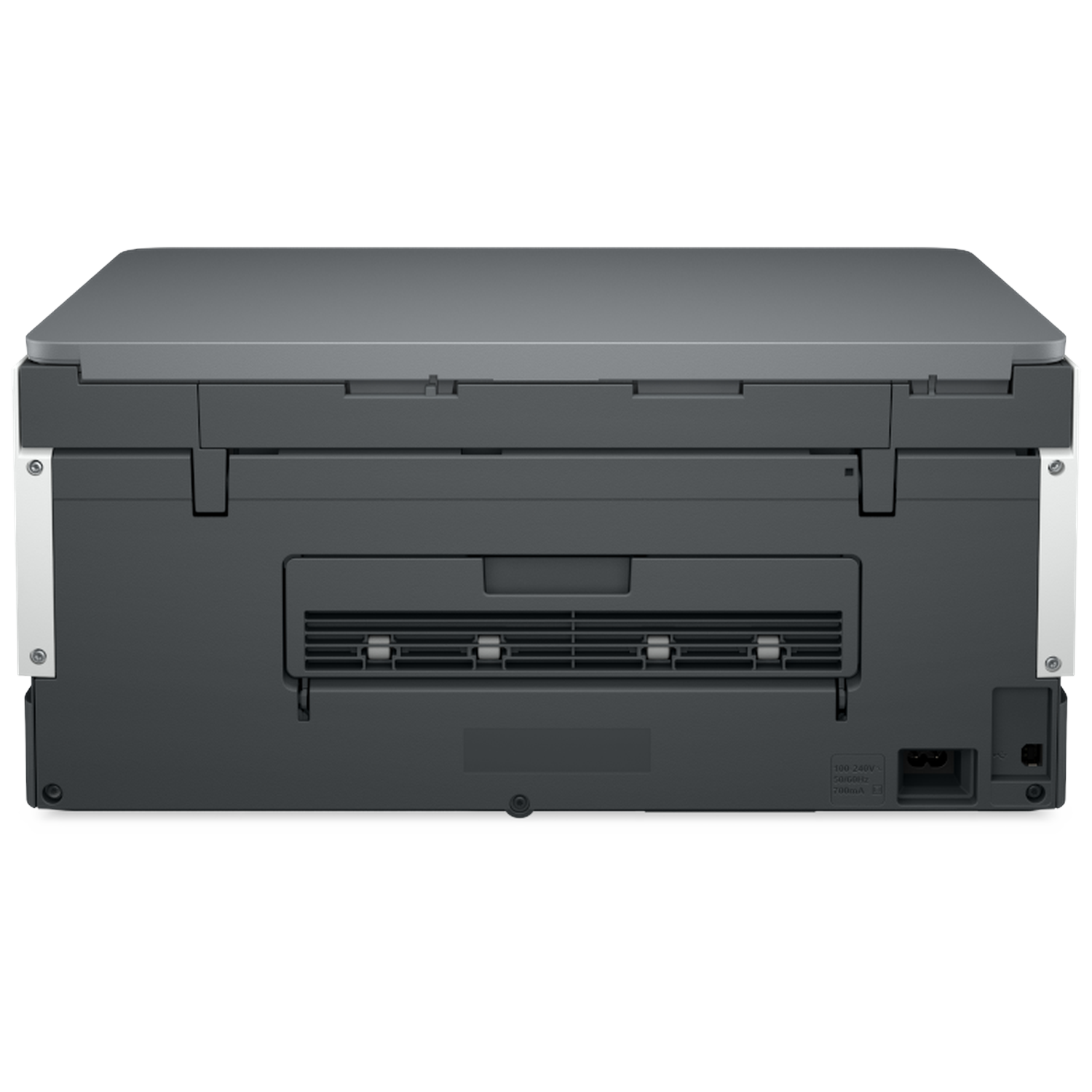 De achterkant van een printer. Het is grijs en zwart met witte zijkanten. Er is een ingang voor het netsnoer.